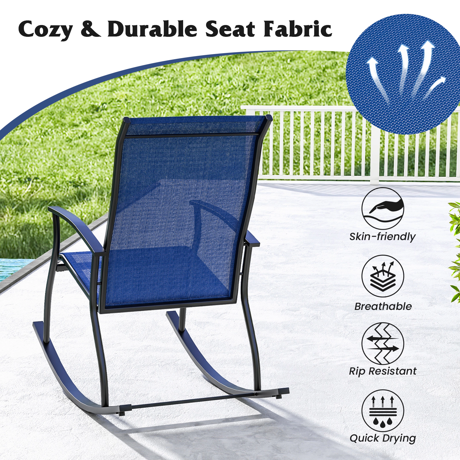 SUGIFT Set of 2 Outdoor Rocking Chairs Navy with Breathable Fabric Backrest
