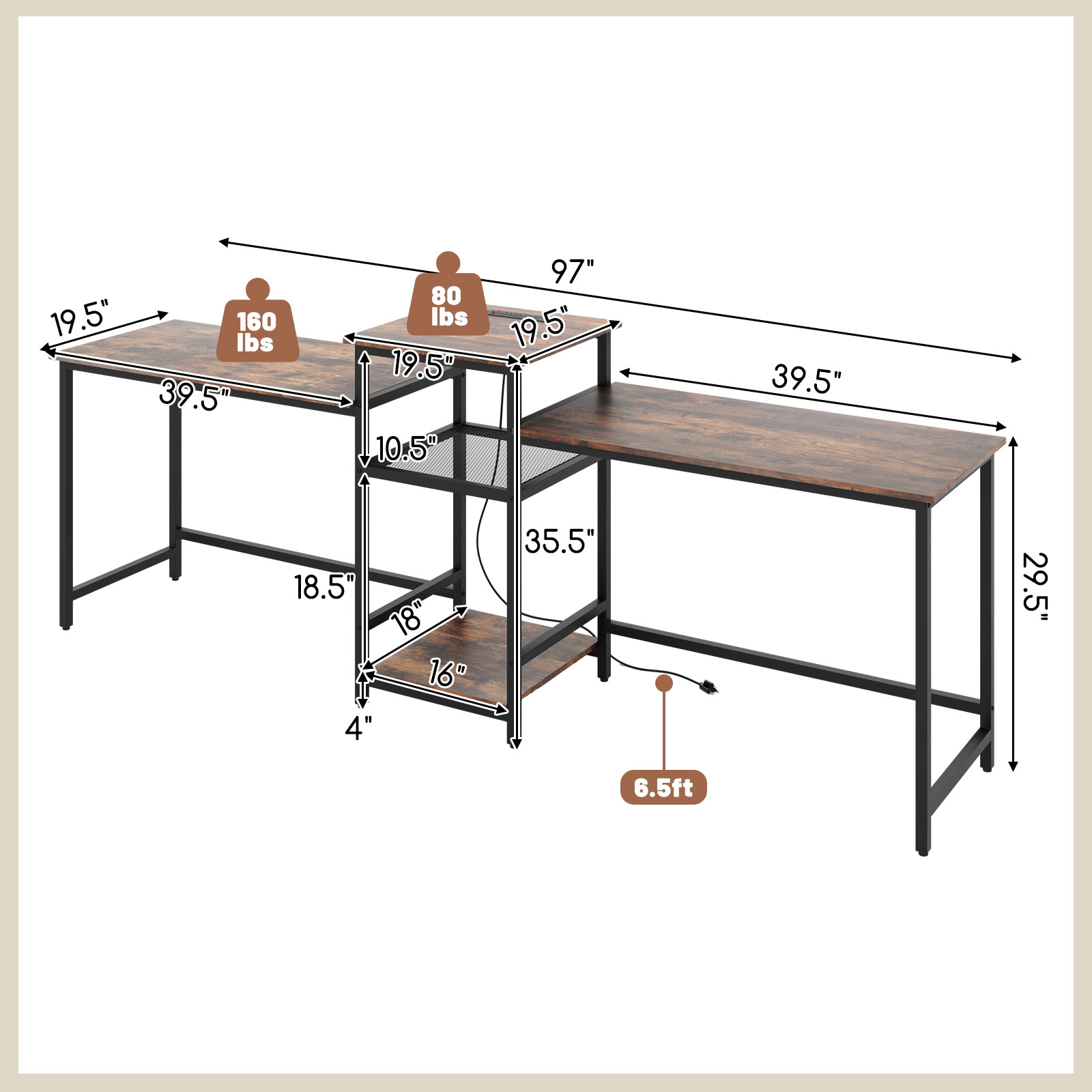 SUGIFT 2-Person Computer Desk with Power Outlet Printer Stand and Storage Shelves 160-lb Side Tables Rustic Brown Black