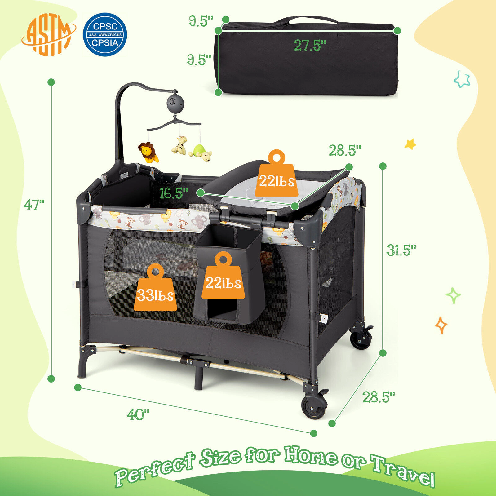 SUGIFT 3-in-1 Convertible Portable Baby Playard with Music Box and Wheels 33-lb Capacity Ages 0-36 Months Dark Gray