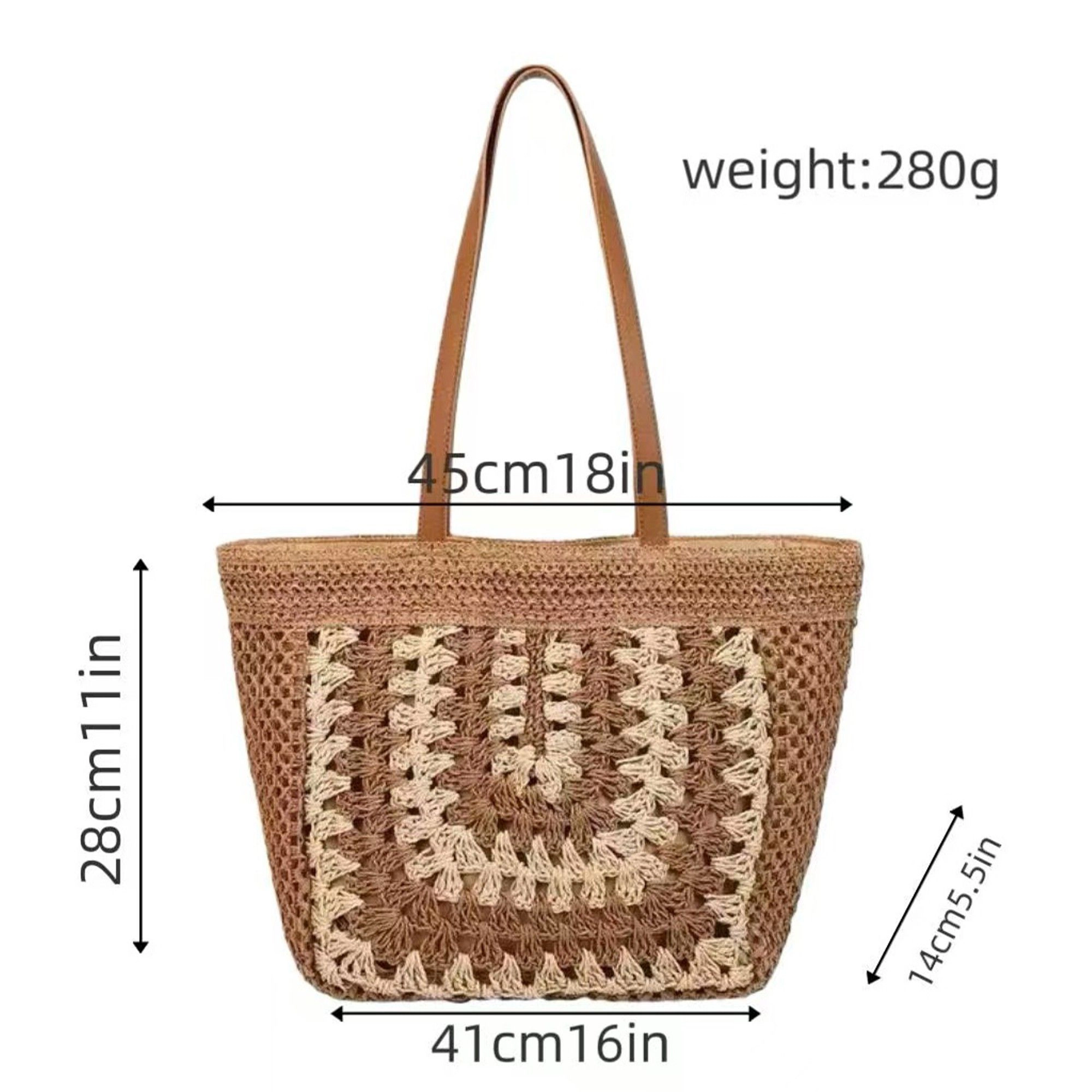 Alilang Women's Woven Crochet Tote Bag with Openwork Panel Design Leather Shoulder Strap Lightweight Knit Handbag