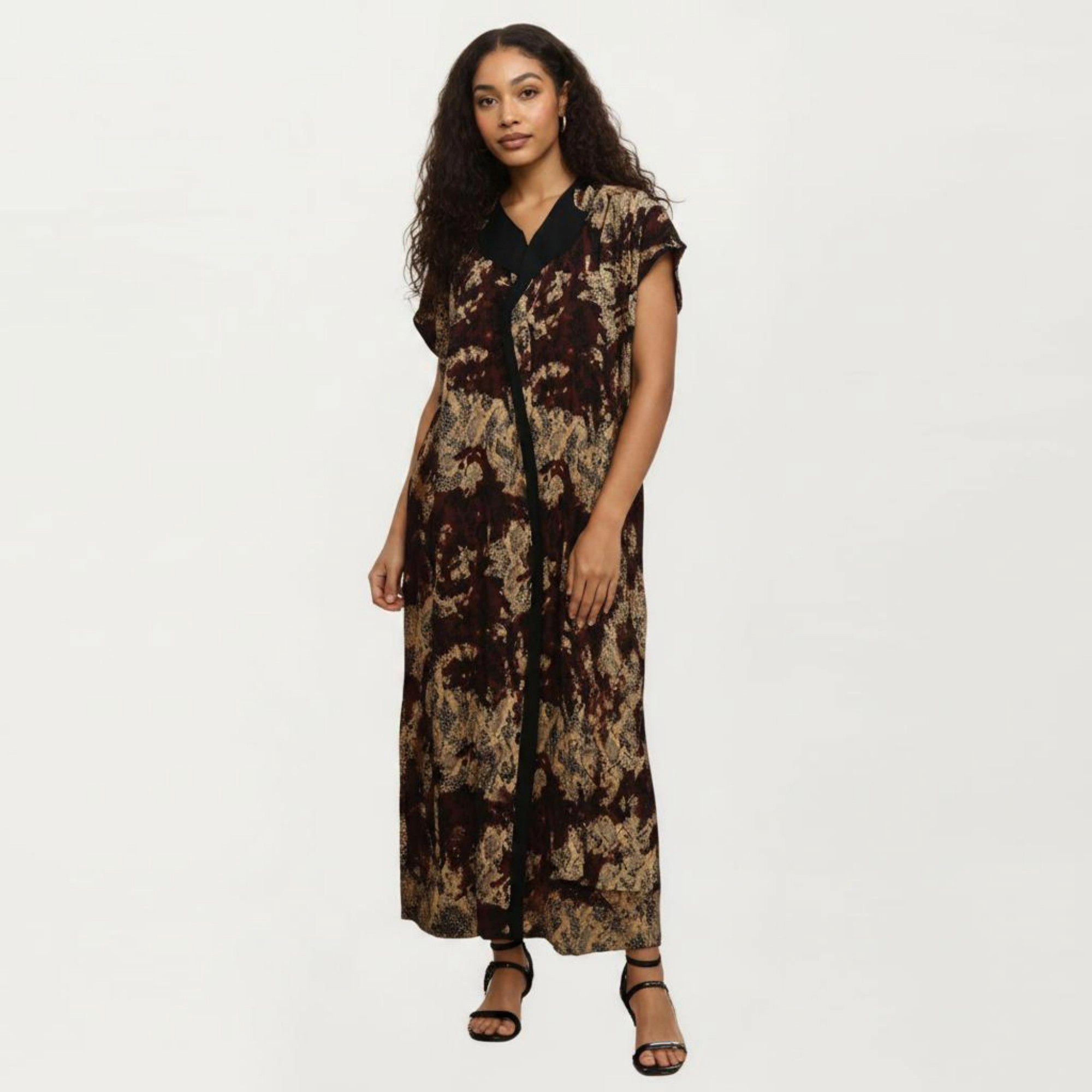 Anna-Kaci Women's Abstract Print Maxi Kaftan Dress with Contrast Trim and Relaxed Flowy Silhouette