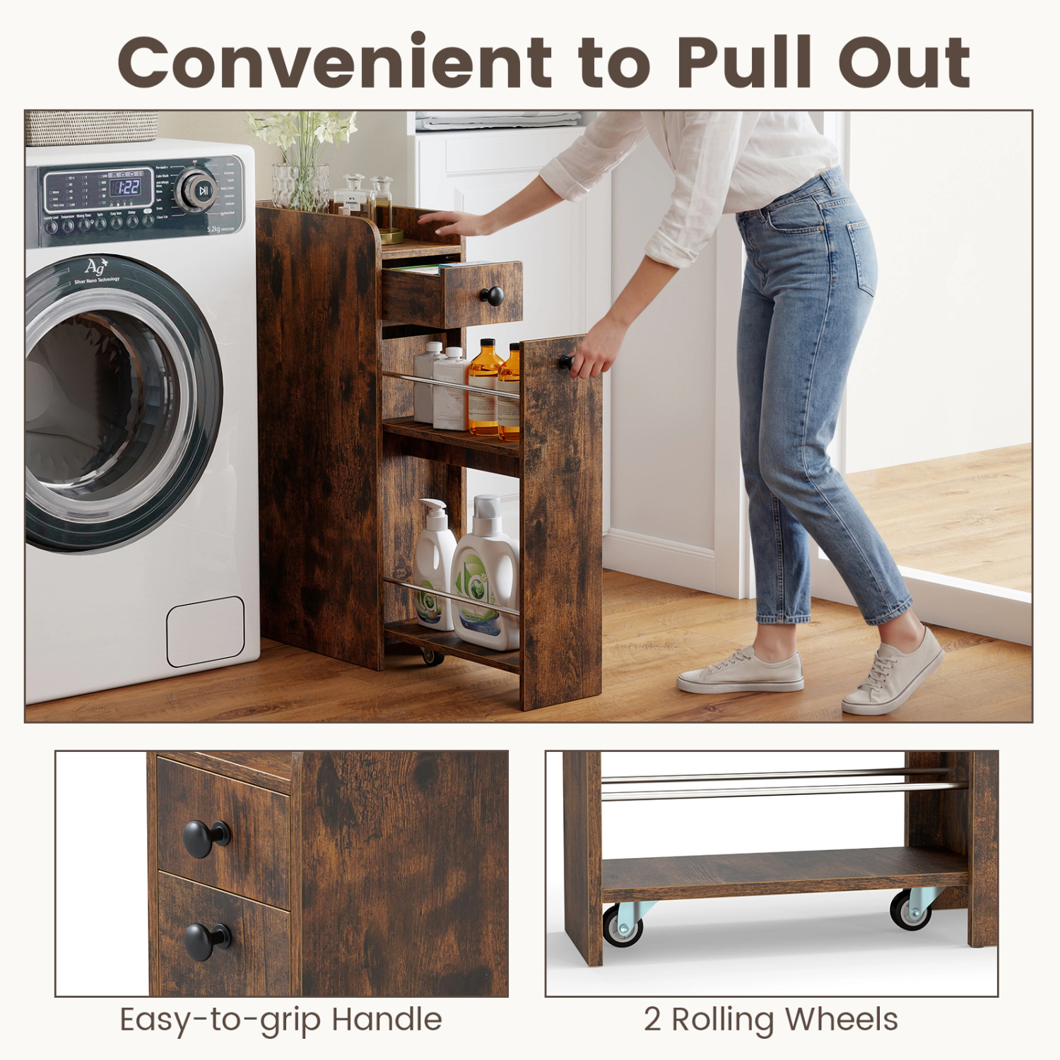 Glintex 4-Tier Slim Bathroom Cabinet with Slide-Out Drawer on Casters, Brown