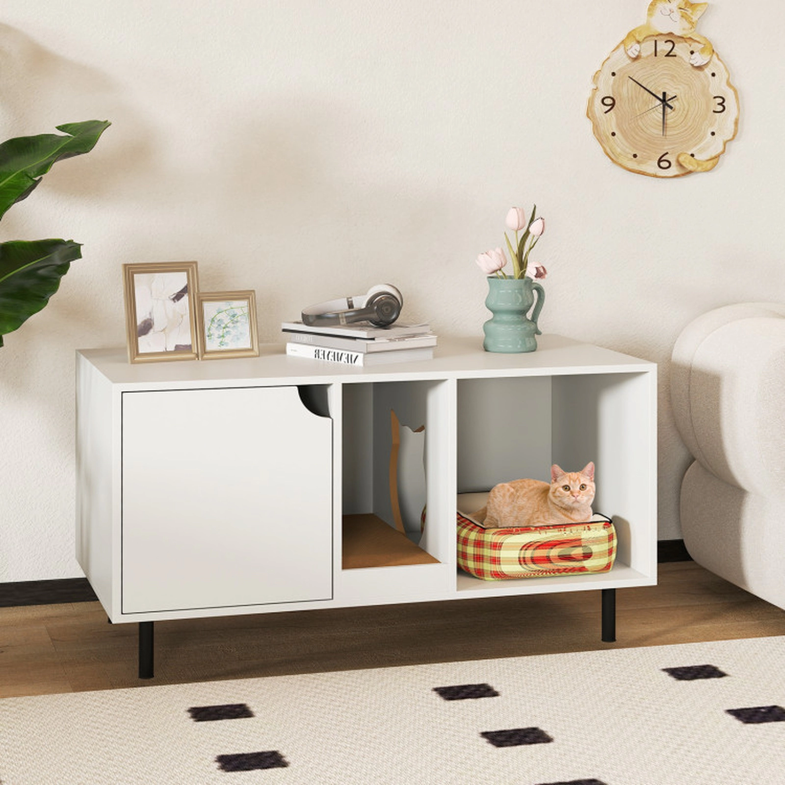 SUGIFT 40 x 22-in White Large 2-Cat Hidden Cat Washroom Litter Box Cabinet with Winding Entry and Open Bay