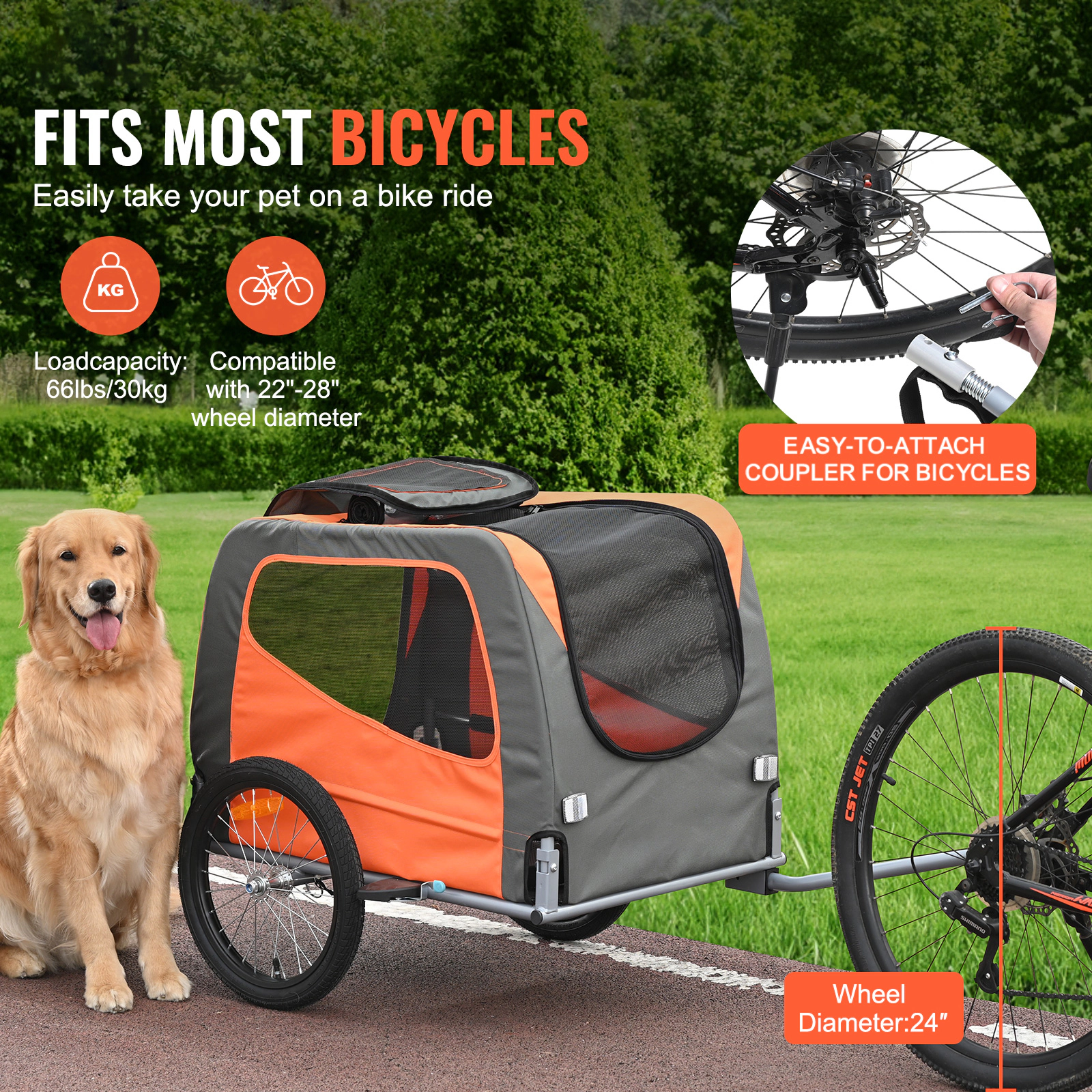HONGGE Dog Bike Trailer, 66 lb Capacity, Weatherproof Pet Carrier with Mesh Windows, Orange/Gray
