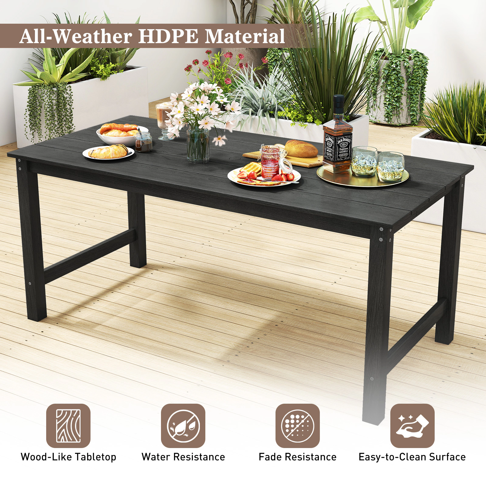 SUGIFT 67-Inch Black HDPE Outdoor Patio Dining Table for 6, Wood-Look Top with Umbrella Hole