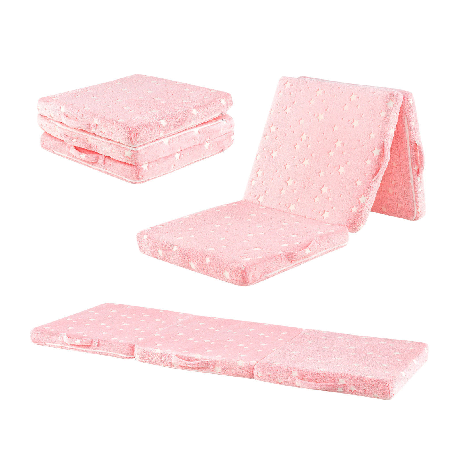 SUGIFT Tri-Folding Kids Floor Seat Cushion Mattress with Washable Flannel Cover 60.5-in Long Pink Glow-in-the-Dark