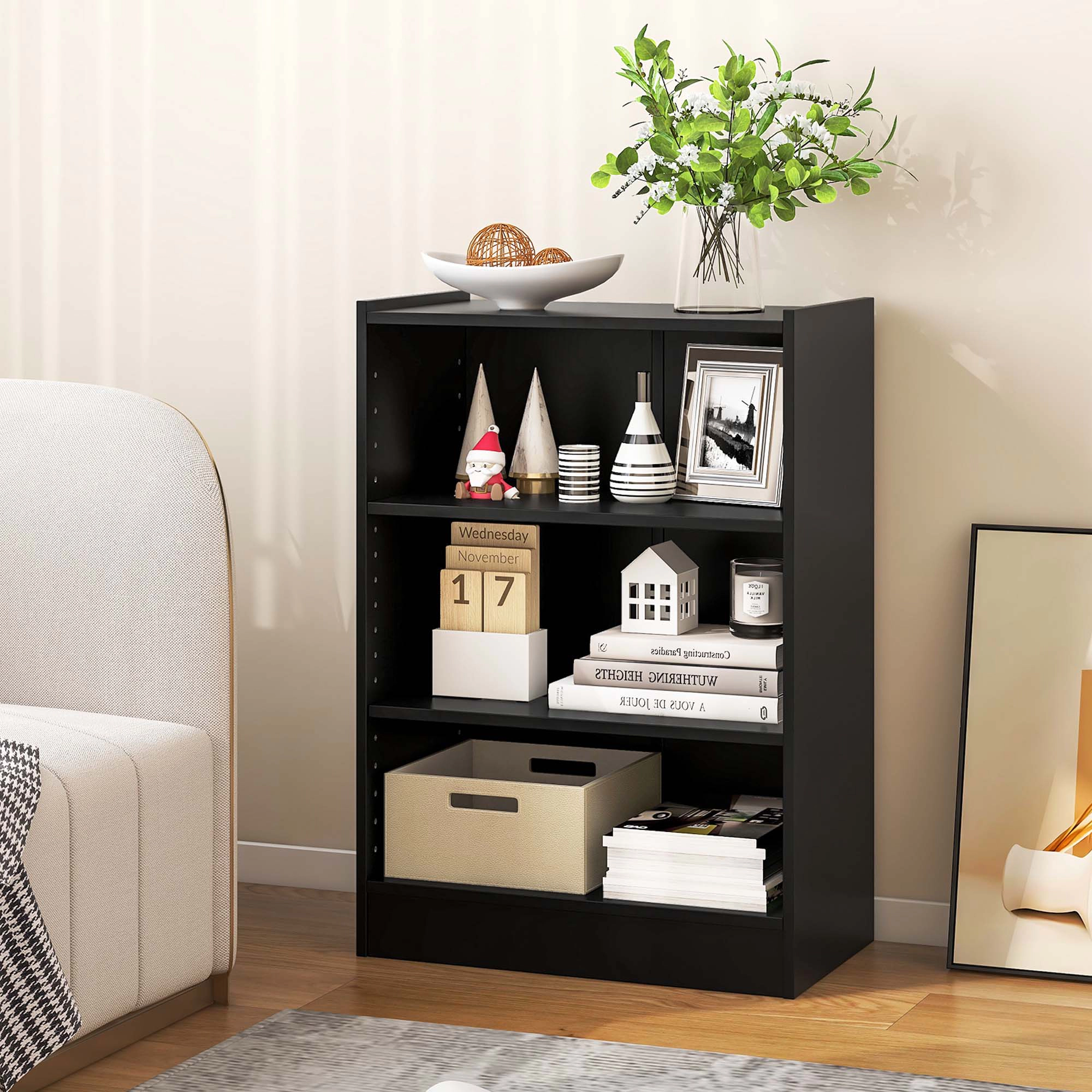 Costway 3-Tier Bookcase Open Multipurpose Display Rack Cabinet with Adjustable Shelves White