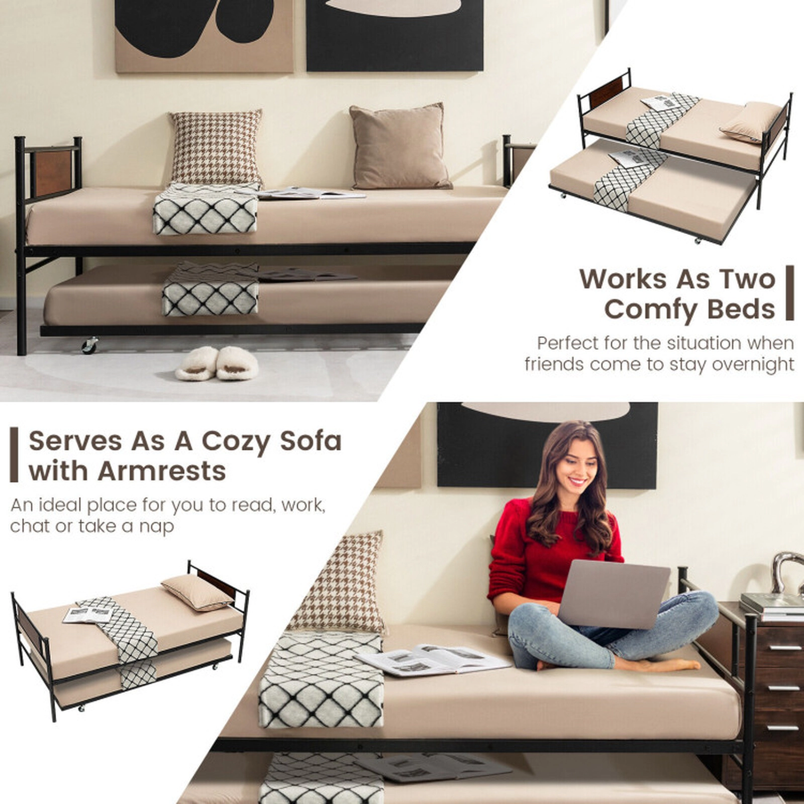 SUGIFT Black Pull-Out Rolling Trundle Twin Size 2-in-1 Teens Metal Daybed Frame