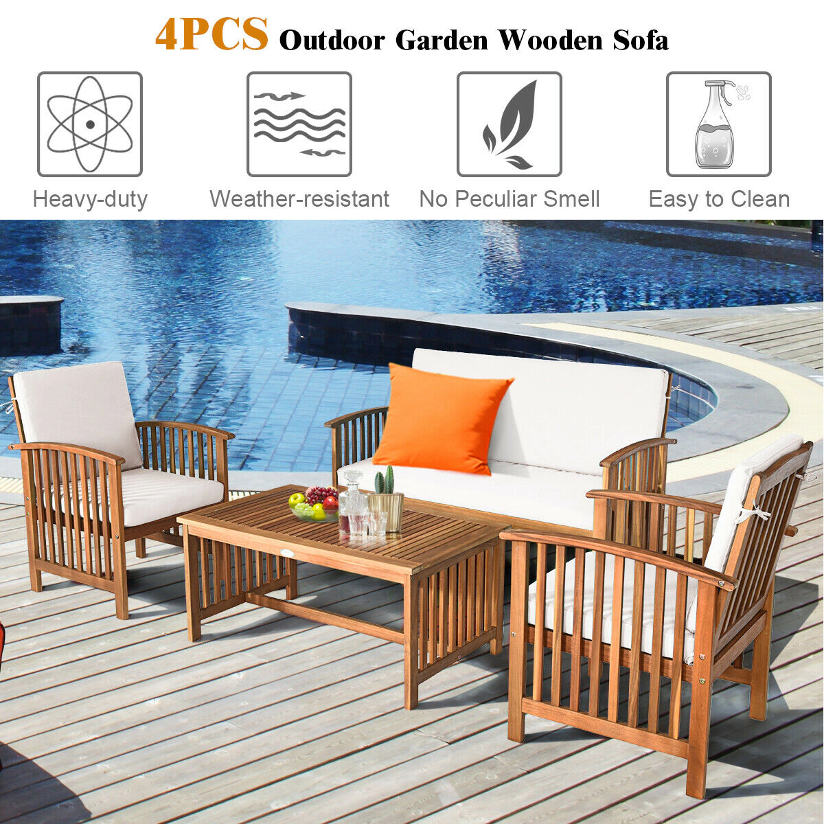 SUGIFT Loveseat and Table 4-Piece Solid Acacia Wood Patio Sofa Set