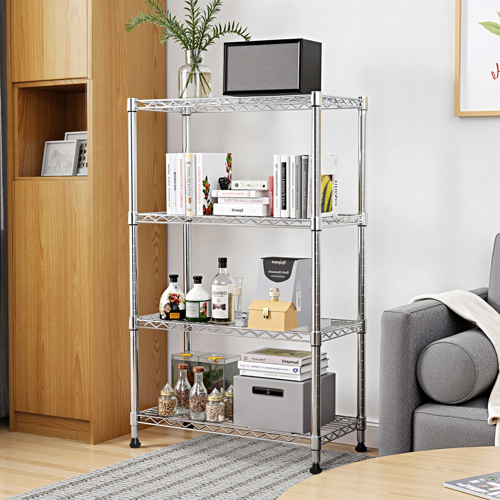 Flynama Steel Master 4 Tier Chrome Wire Shelving 1000lb Heavy Duty Space Saving Rack for Home Kitchen and Office