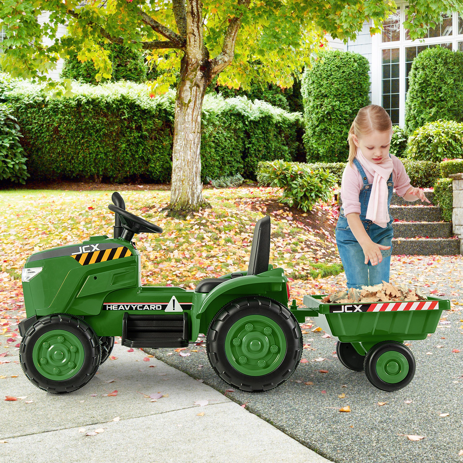 SUGIFT Dark Green Detachable Trailer Remote Control and Music Kids 12V Ride On Tractor