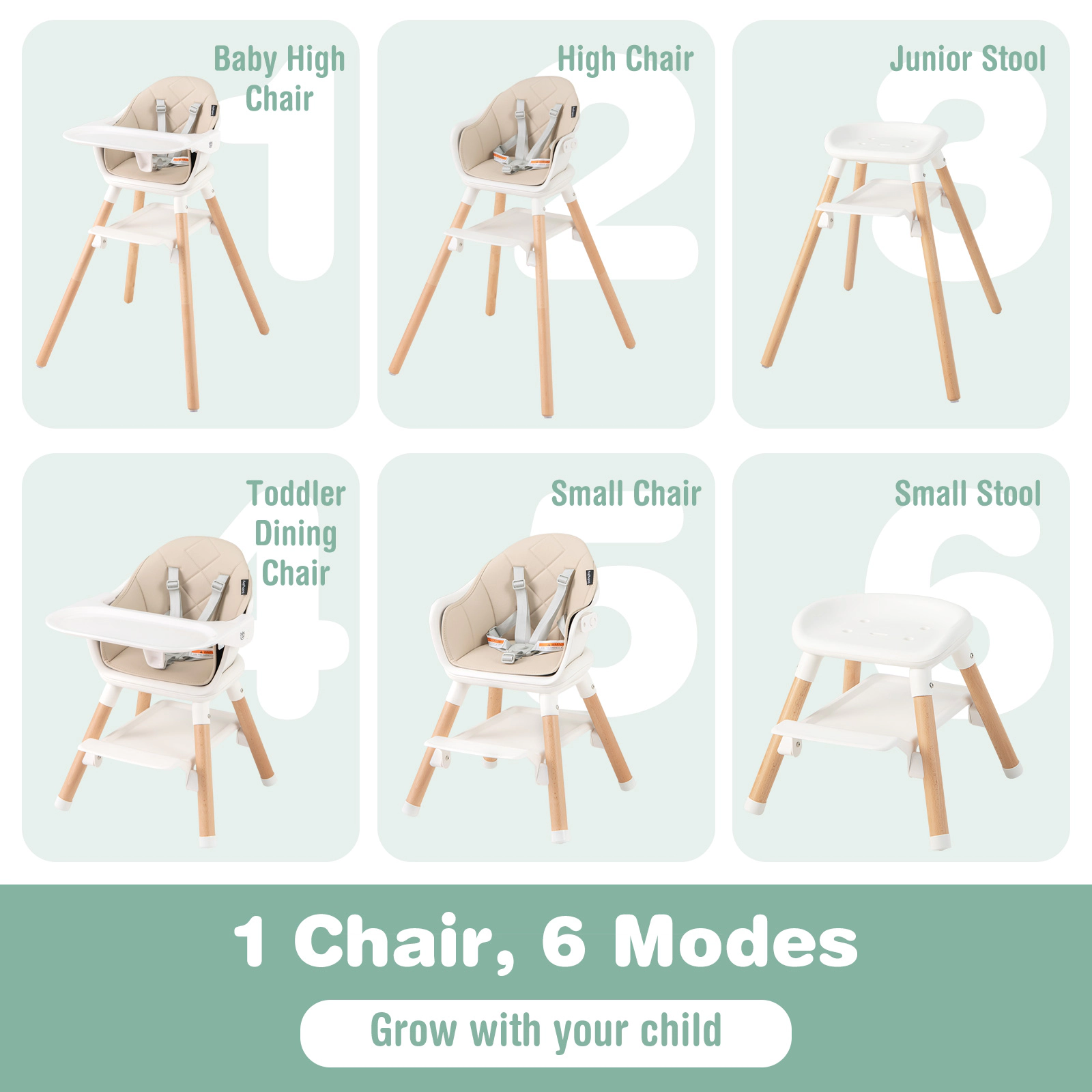 SUGIFT Removable Dishwasher Safe Double Tray and Beech Legs 6-in-1 Baby High Chair