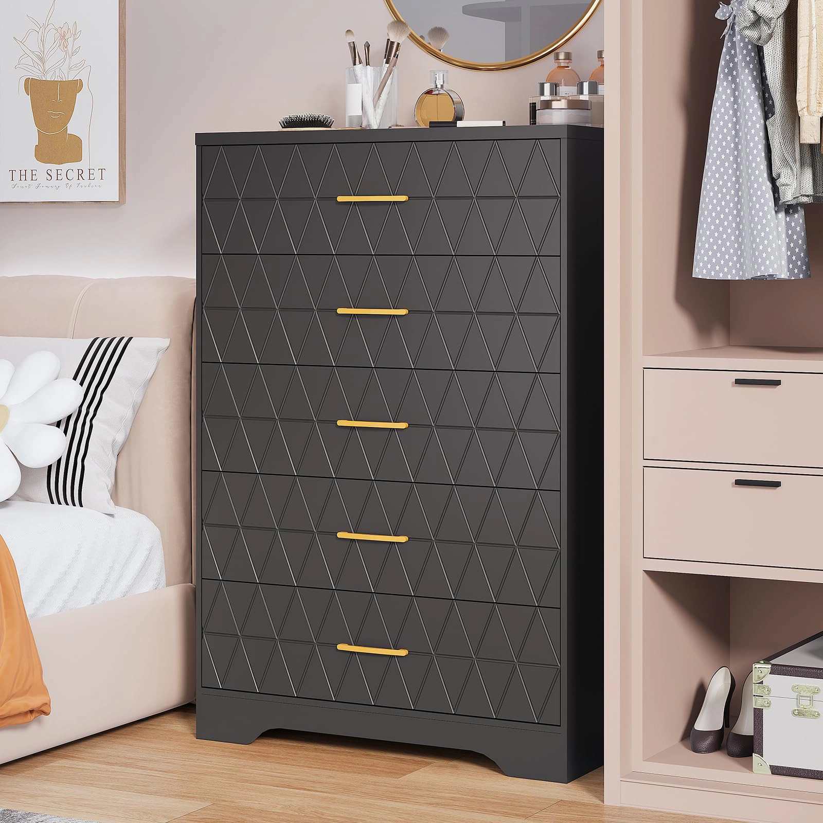 Tall Wooden 5 Drawer Dresser, Modern Chest with Gold Handles for Bedroom, Living Room, Hallway