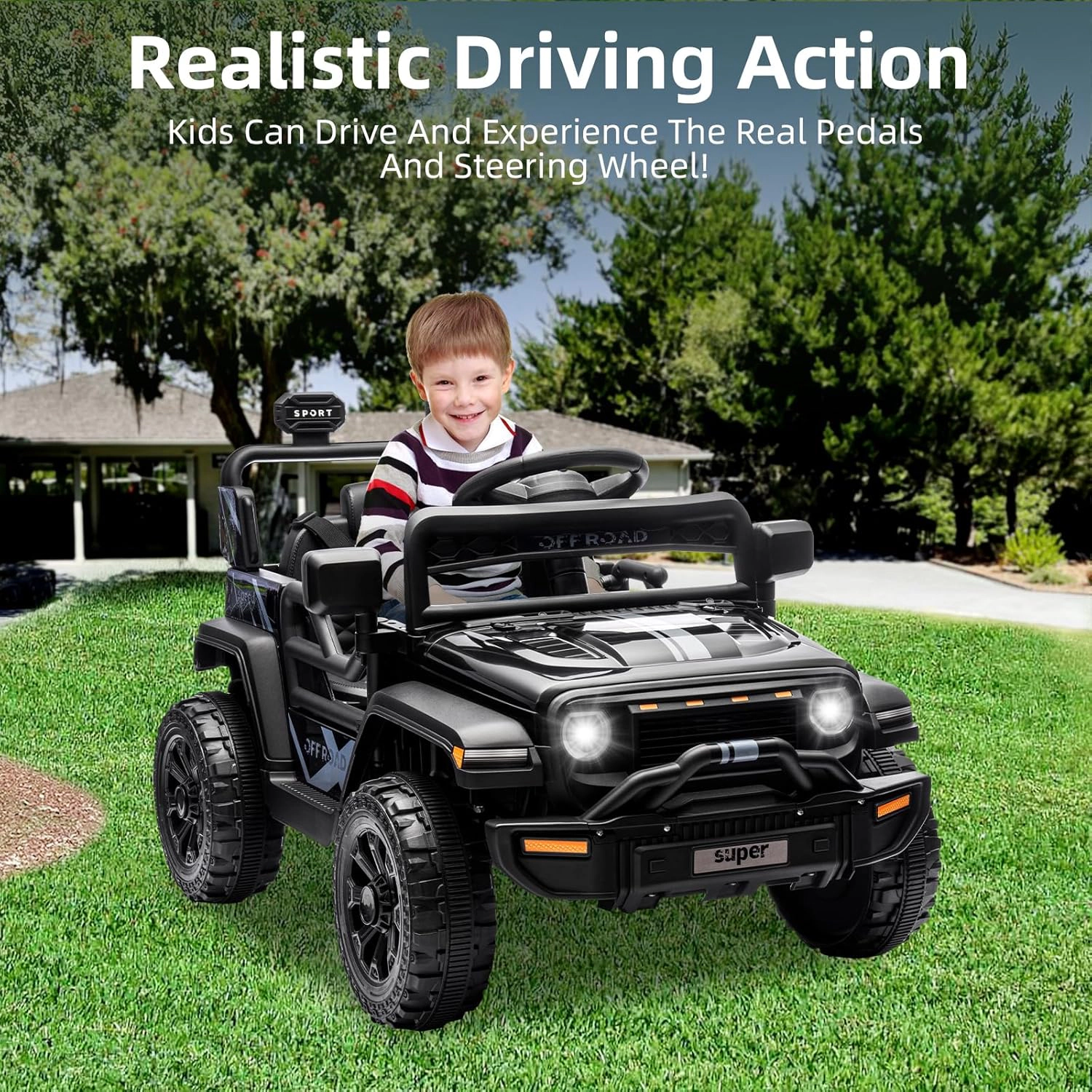 Enjyam 12V Kids Ride On Truck, Electric Vehicle with Parent Remote, LED Lights, Music, 2 Speeds