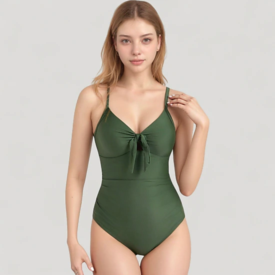 Anna-Kaci Women's V-Neck One-Piece Swimsuit with Front Tie Detail and Subtle Ruching