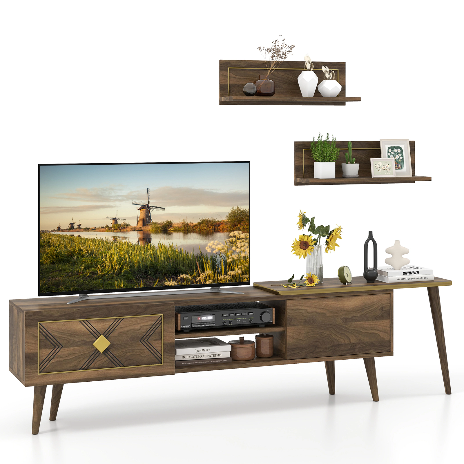 Glintex 75-Inch Mid-Century TV Stand with 2 Floating Shelves and Carved Doors, Walnut