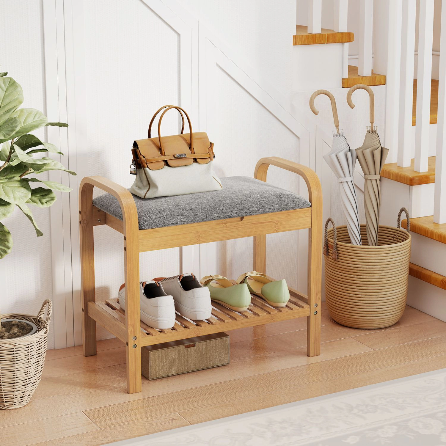SlickBlue 2 Tier Shoe Rack Bench with Cushioned Seat