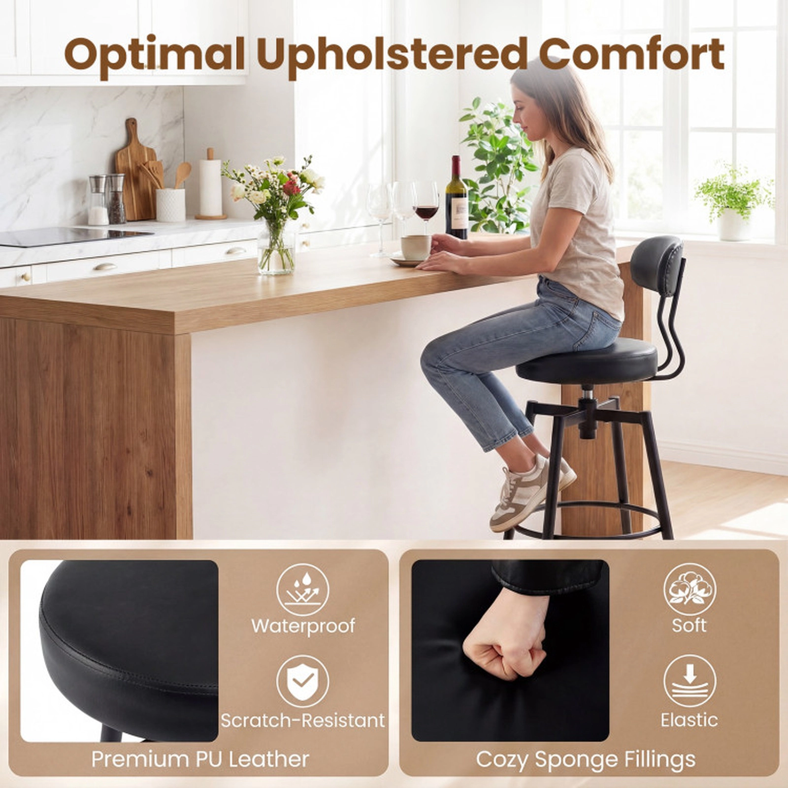 SUGIFT Black Upholstered Faux Leather Seat and Back Set of 4 Swivel Bar Stools
