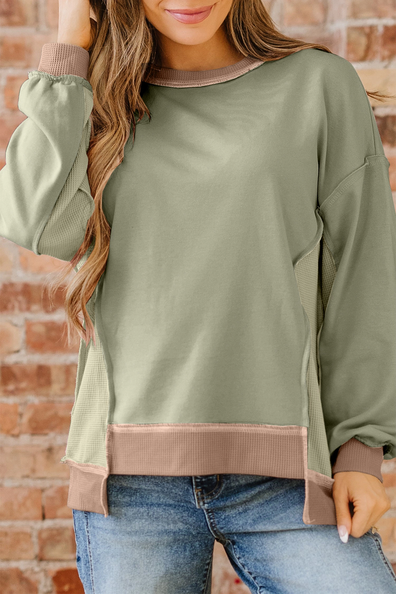 Threaded Pear Women's Maelynn Waffle Patchwork Oversize Sweatshirt