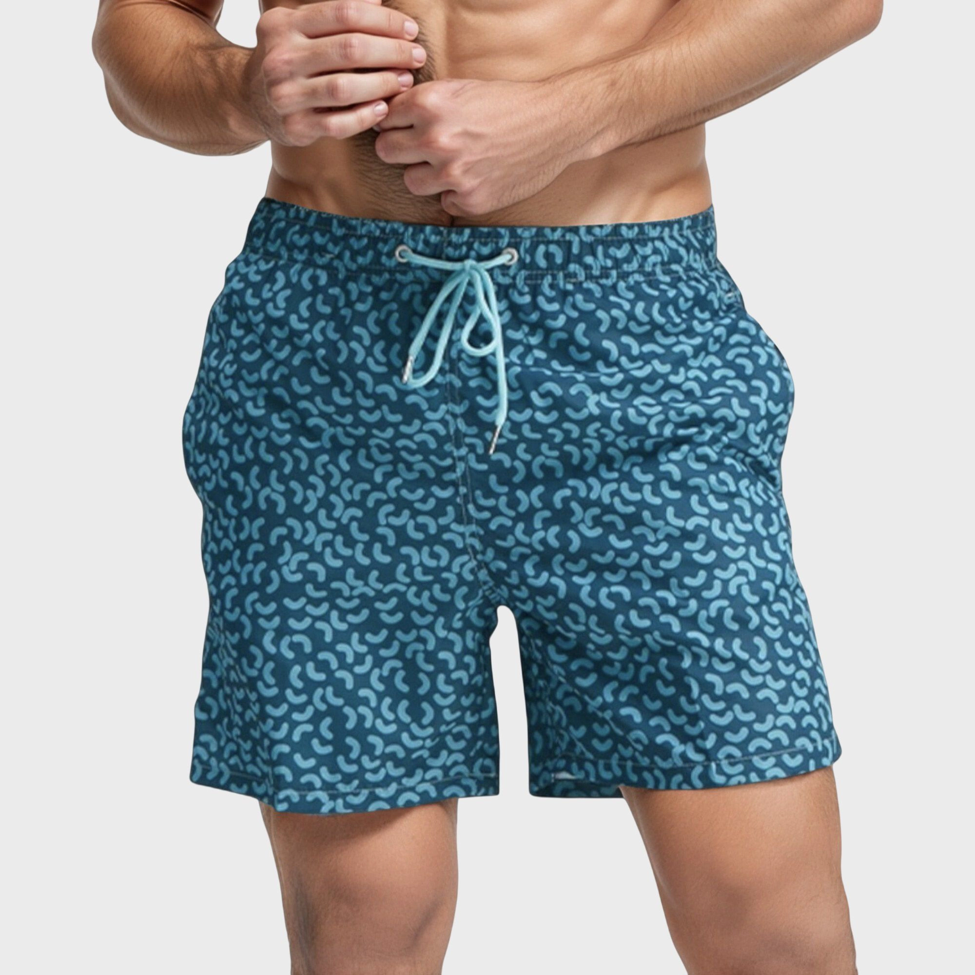 Anna-Kaci Men's Blue Abstract Print Swim Trunks with Quick-Dry Fabric and Adjustable Drawstring Waist
