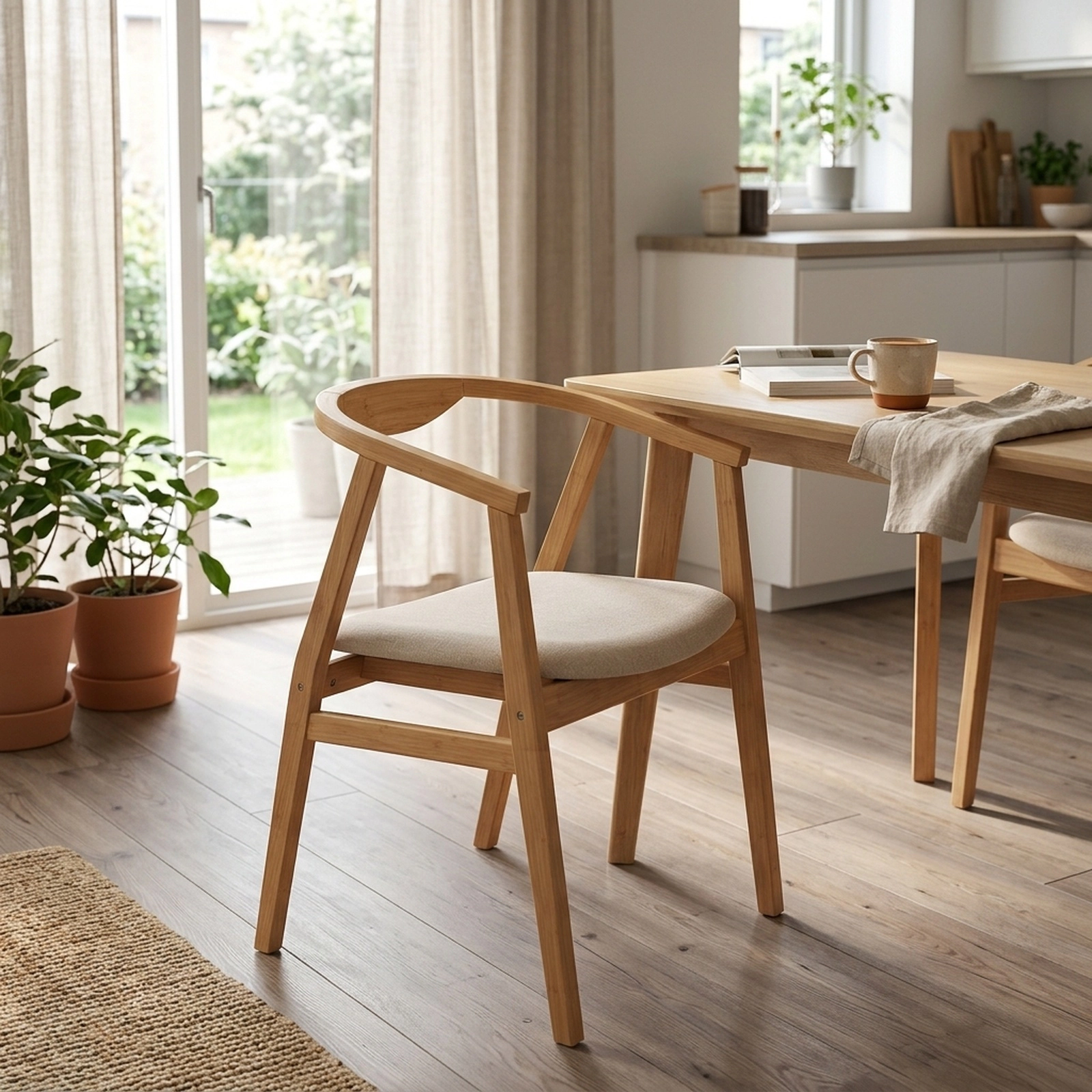 SUGIFT Natural Bamboo Dining Chair, Curved Backrest, Armrests, Padded Cushion, 330-lb Capacity
