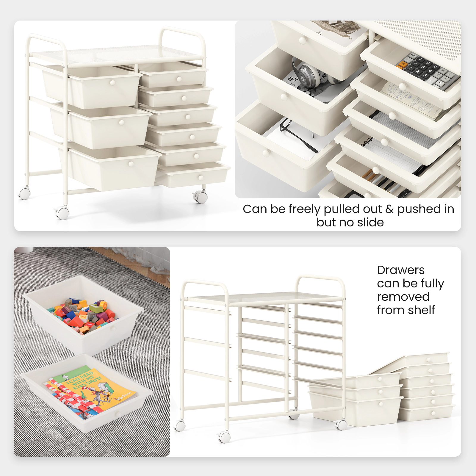 SUGIFT 9-Drawer Rolling Storage Cart with Metal Frame and PP Drawers 22-lb Tabletop Capacity White