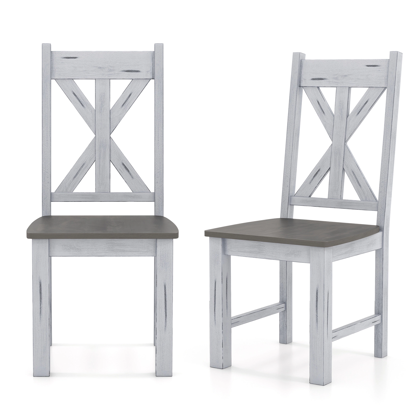SUGIFT Farmhouse Rubber Wood Dining Chair Set of 2 with Hollowed Backrest 330-lb Capacity White Gray