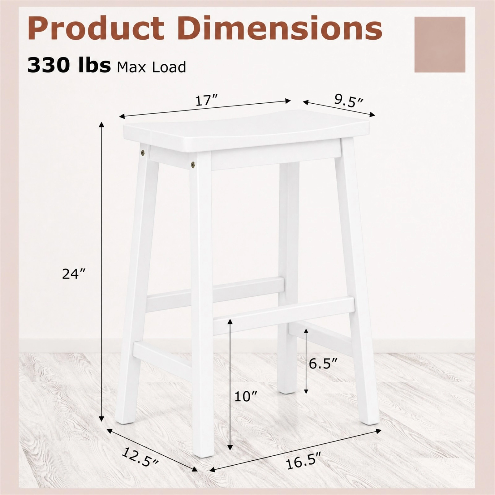 SUGIFT Set of 2 White Solid Wood Saddle Counter Stools, 24 in, Slim 12.5 in Depth