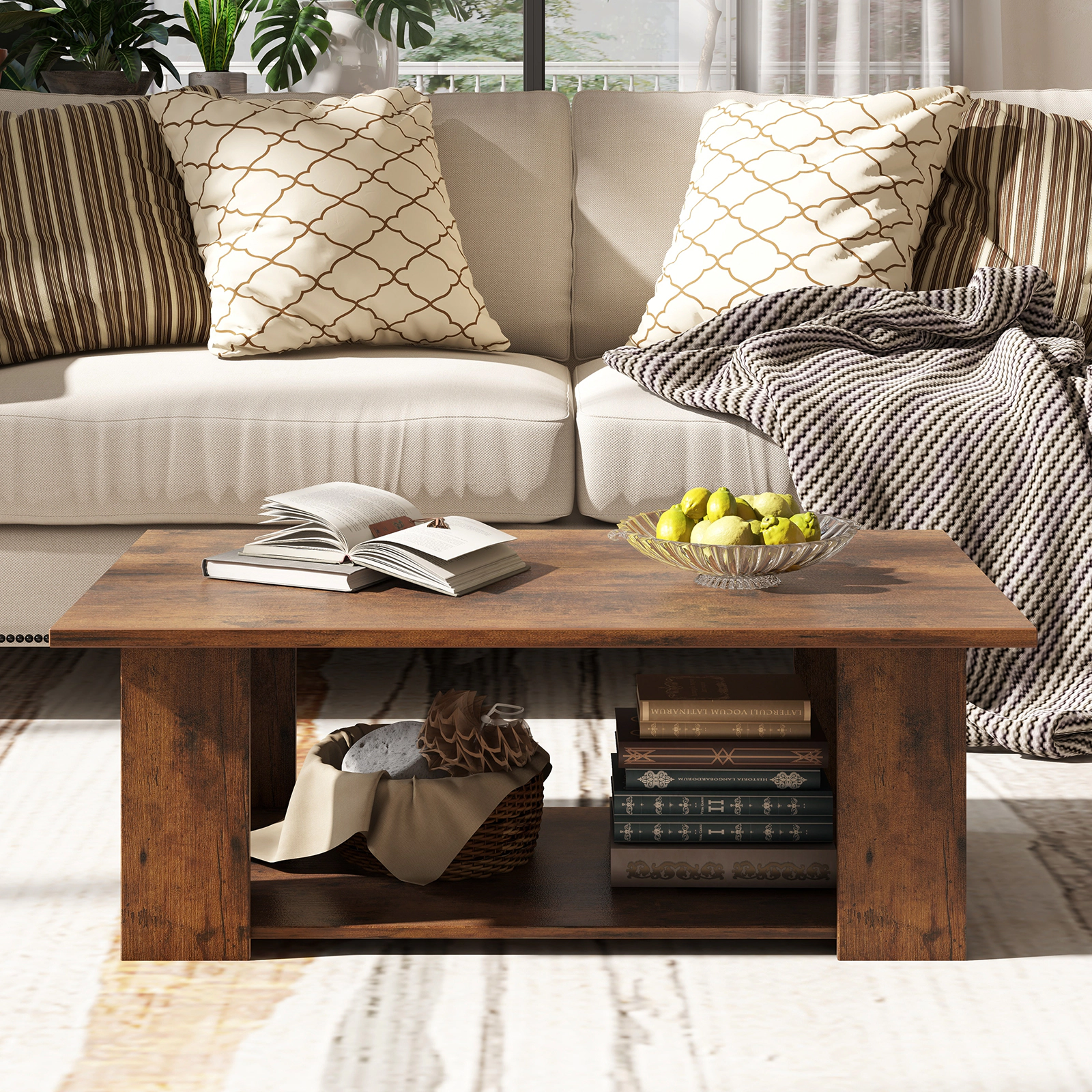 SUGIFT 41-in 210-lb Capacity 2-Tier Wooden Modern Coffee Table with Open Storage Shelf and Support Legs