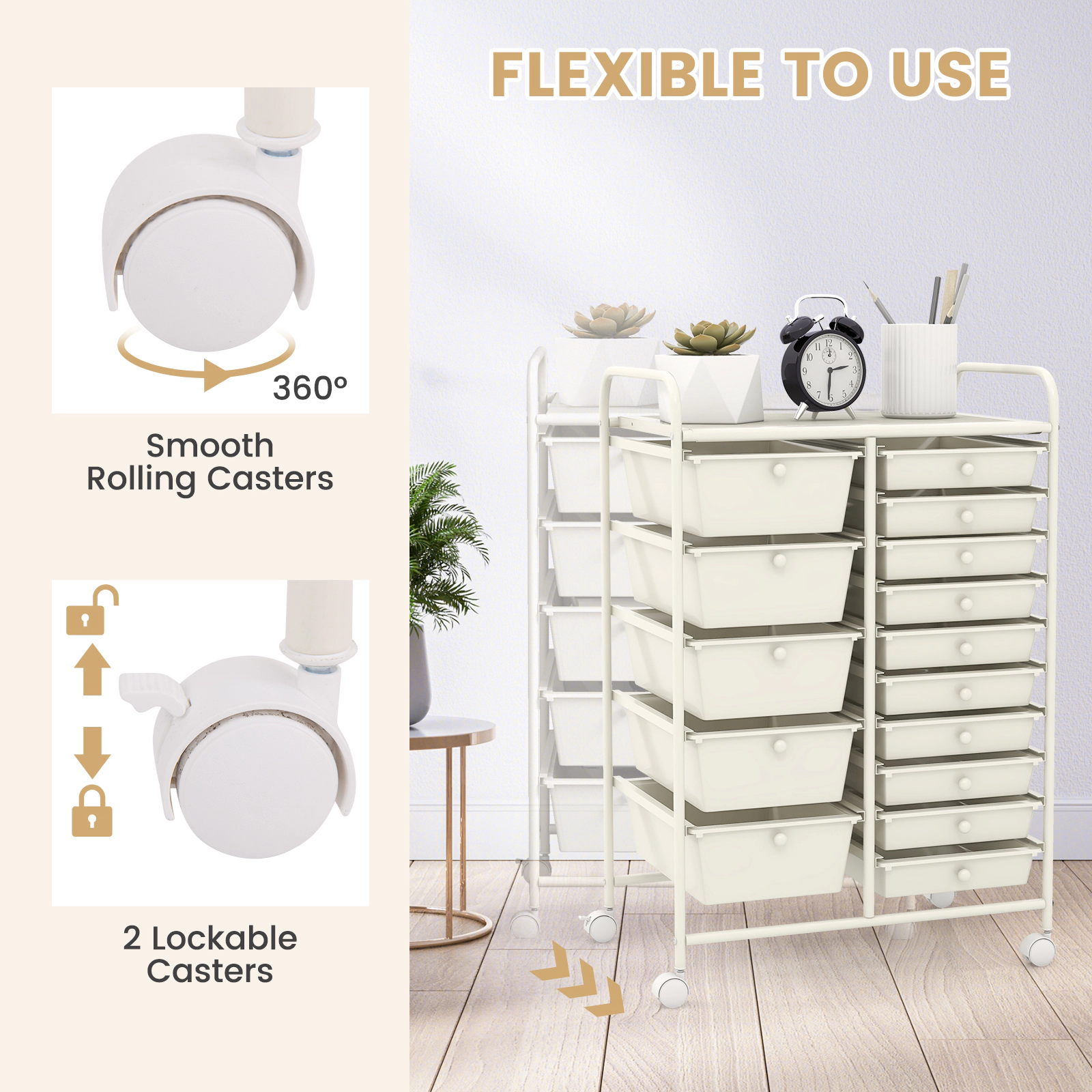 SUGIFT 15-Drawer Rolling File Storage Organizer Cart 22-lb Top Capacity 25-in Wide Utility Cabinet White/Silver