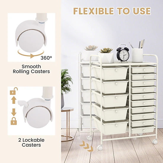 SUGIFT 15-Drawer Rolling File Storage Organizer Cart 22-lb Top Capacity 25-in Wide Utility Cabinet White/Silver
