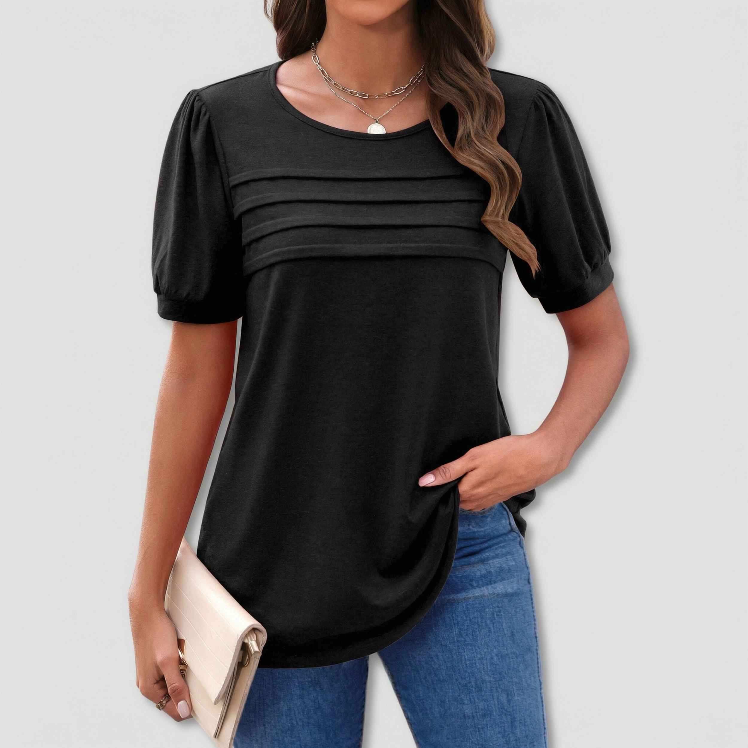 Zeagoo Women Puff Sleeve Crew Neck Tunic Blouse