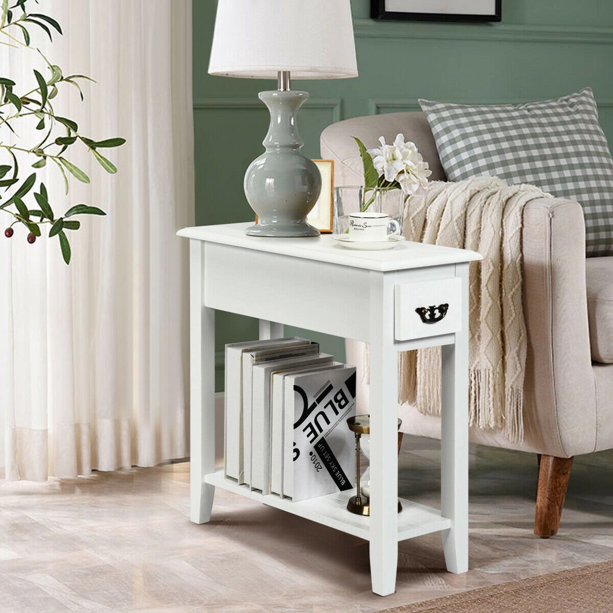 Slickblue Compact Slim Side Table with Storage Drawer White Bedroom Living Room