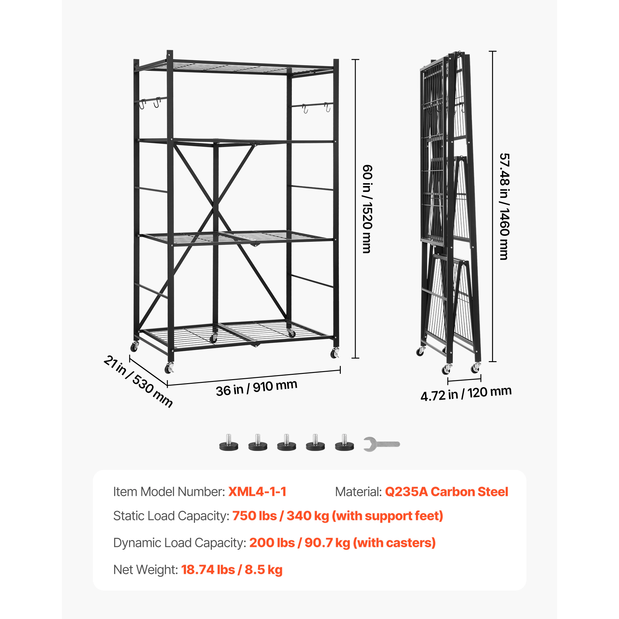 HONGGE Foldable Storage Shelf Folding Metal Rack Shelving Unit No Assembly Organizer Shelf with 5 Wheels & 4 Hooks for