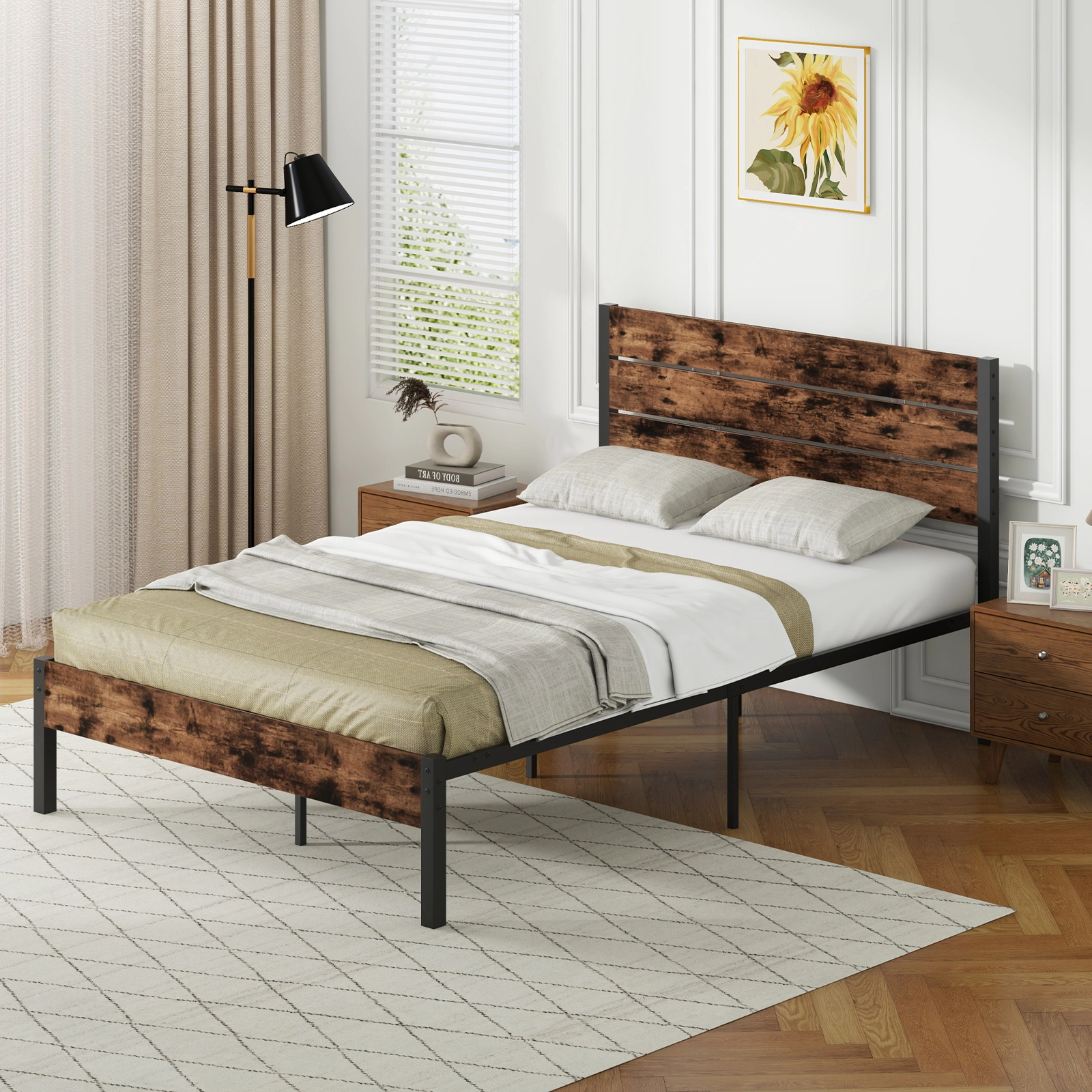 LJG Full/King/Queen/Twin Bed Frame with High Headboard and Mute Bar