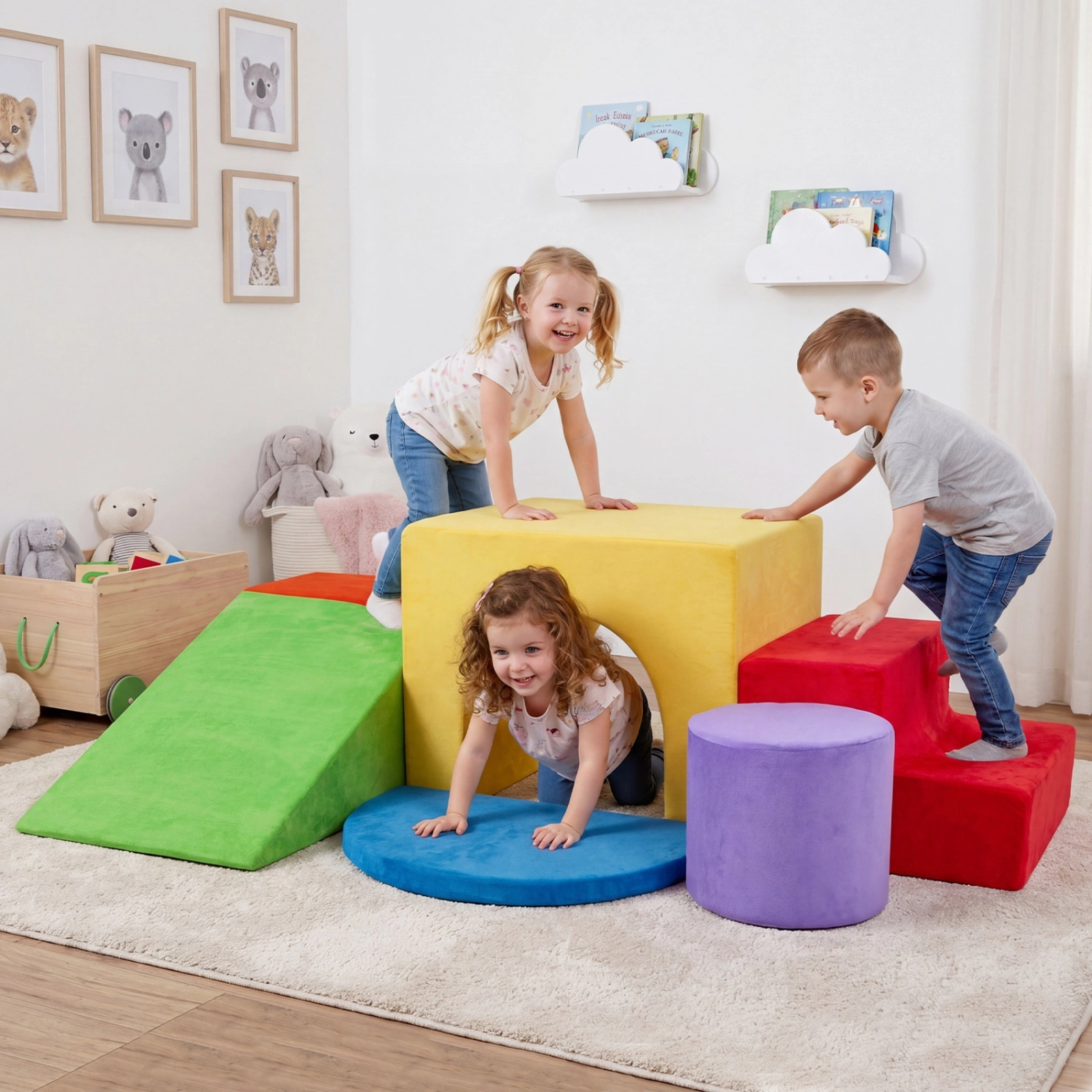 6-Piece Foam Climbing Blocks Soft Play Set with Slide Arch Tunnel and Cushion Velvet Toddler Climbing Toys Red