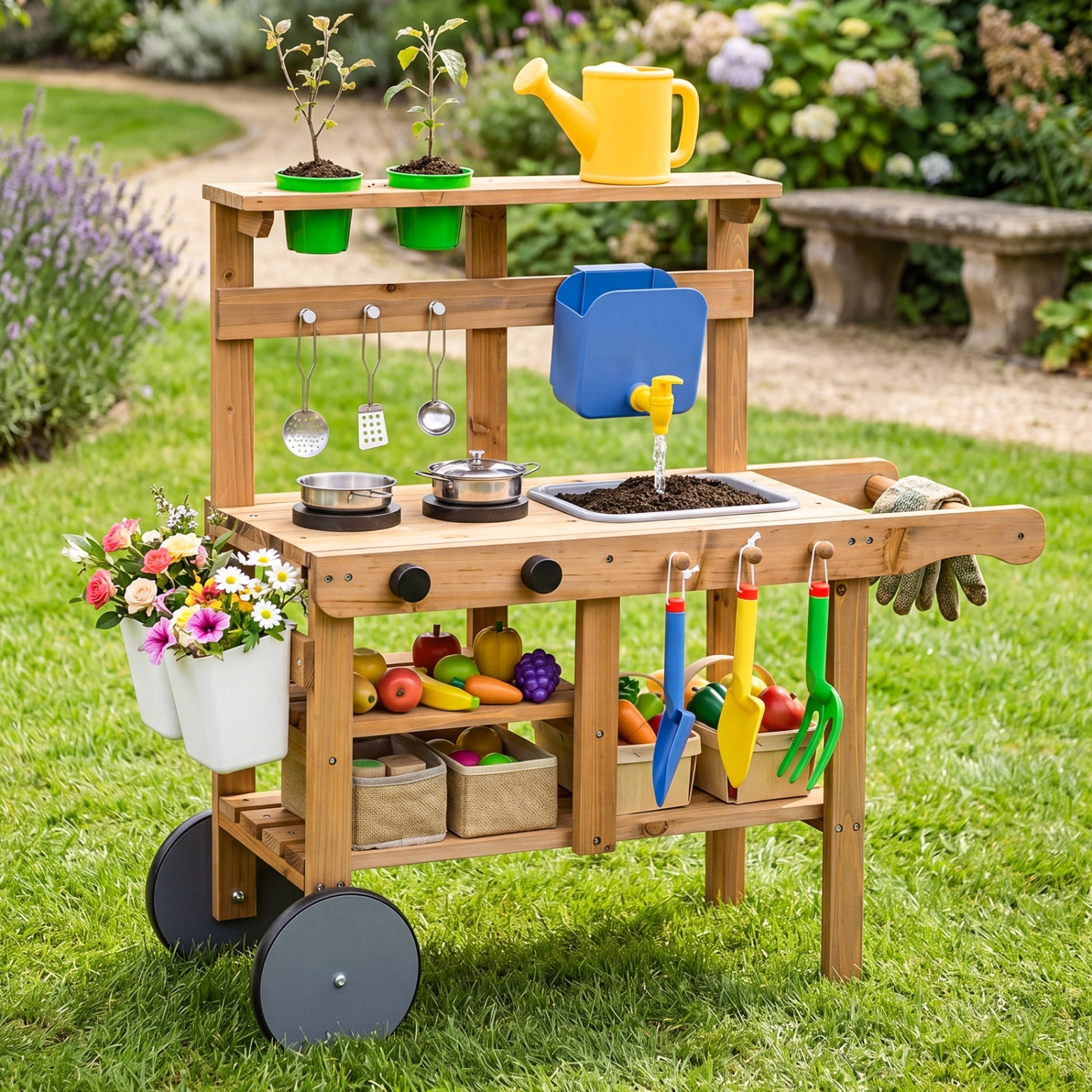 Kids Mud Kitchen Outdoor with Water Tank Sink and 15-pc Accessories 36-in x 13-in x 32-in Solid Wood Natural