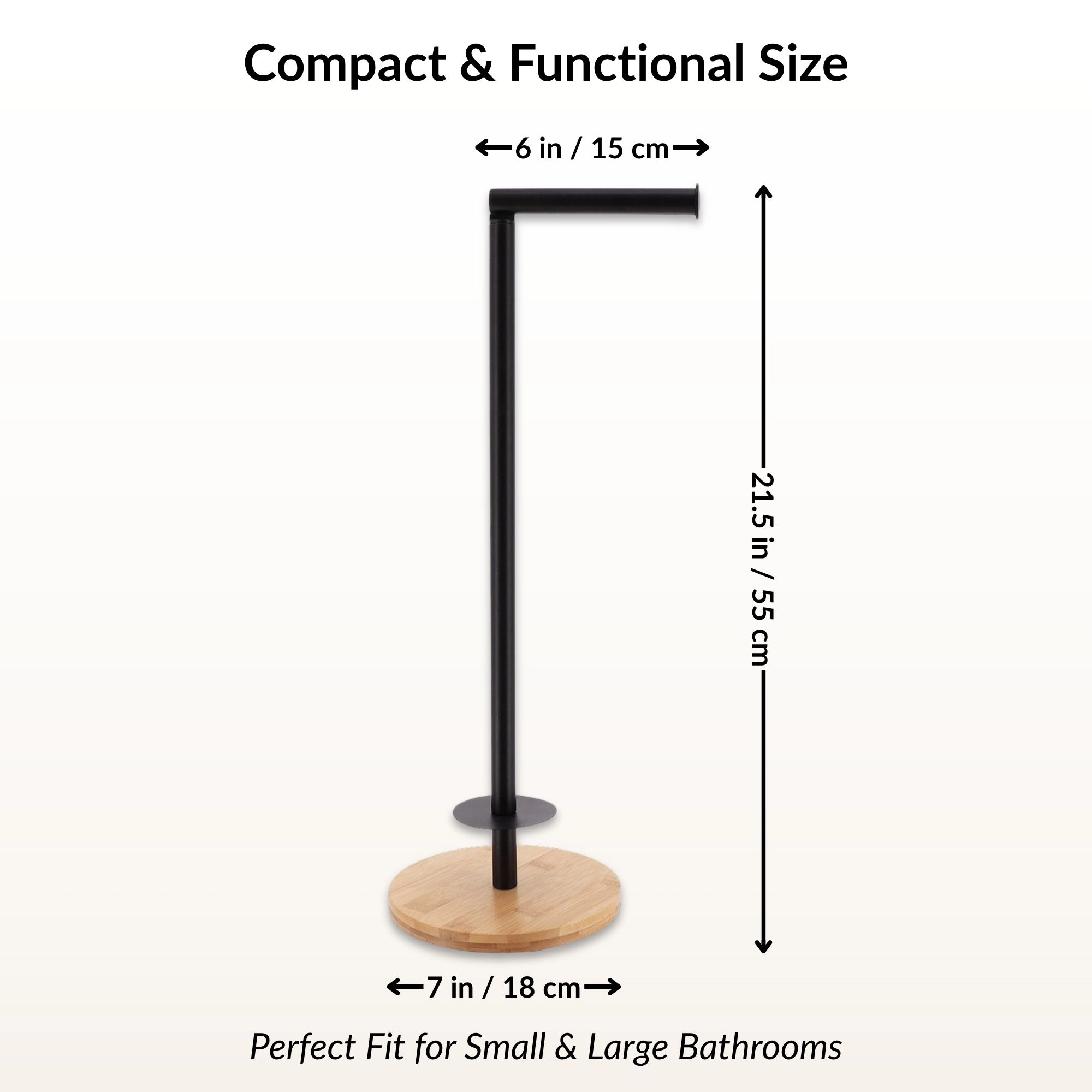 Evideco French Home Goods freestanding toilet paper stand with bamboo base, matte black swivel arm, 21.5 in