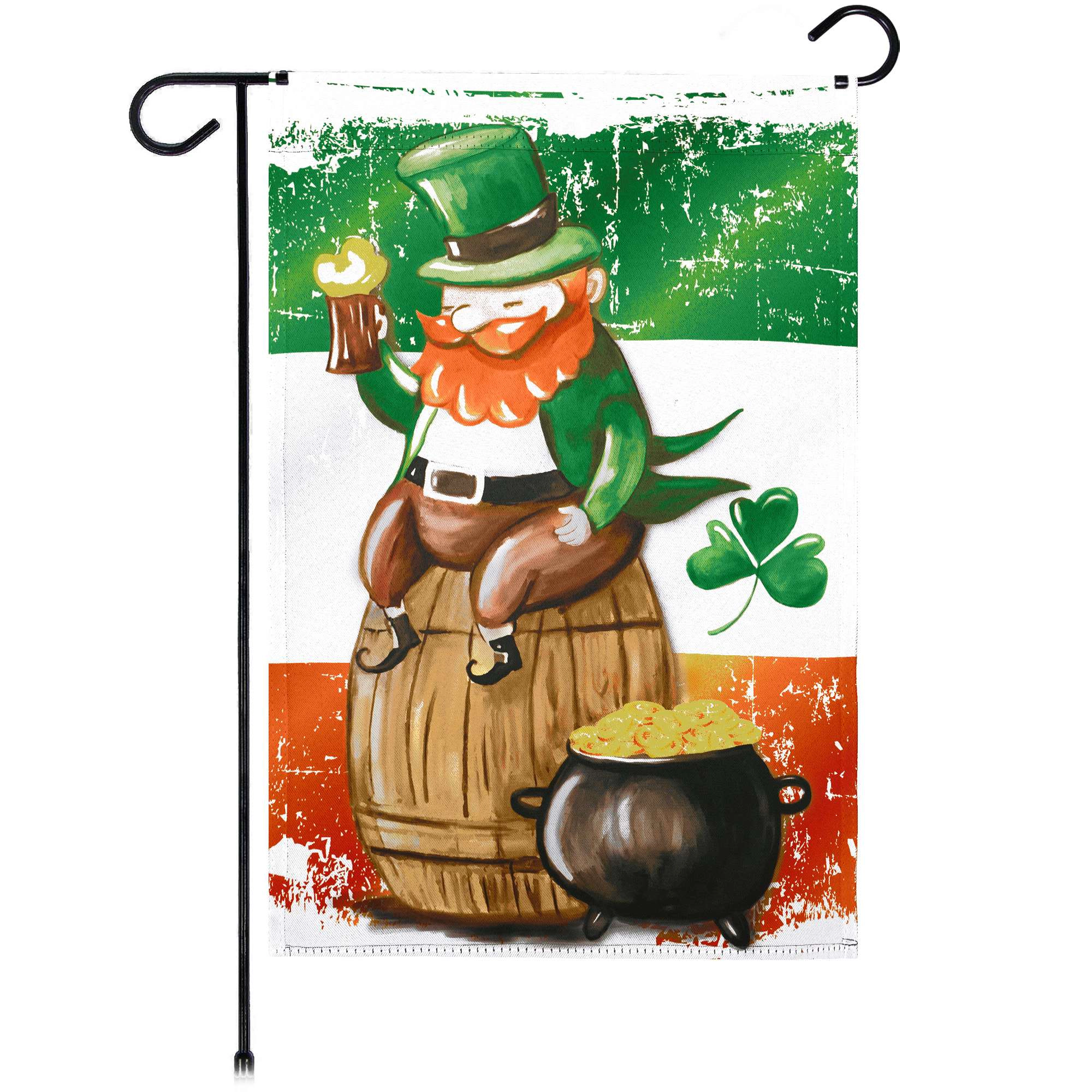 G128 Double-Sided St. Patrick's Day Garden Flag 12x18 in Leprechaun with Pot of Gold