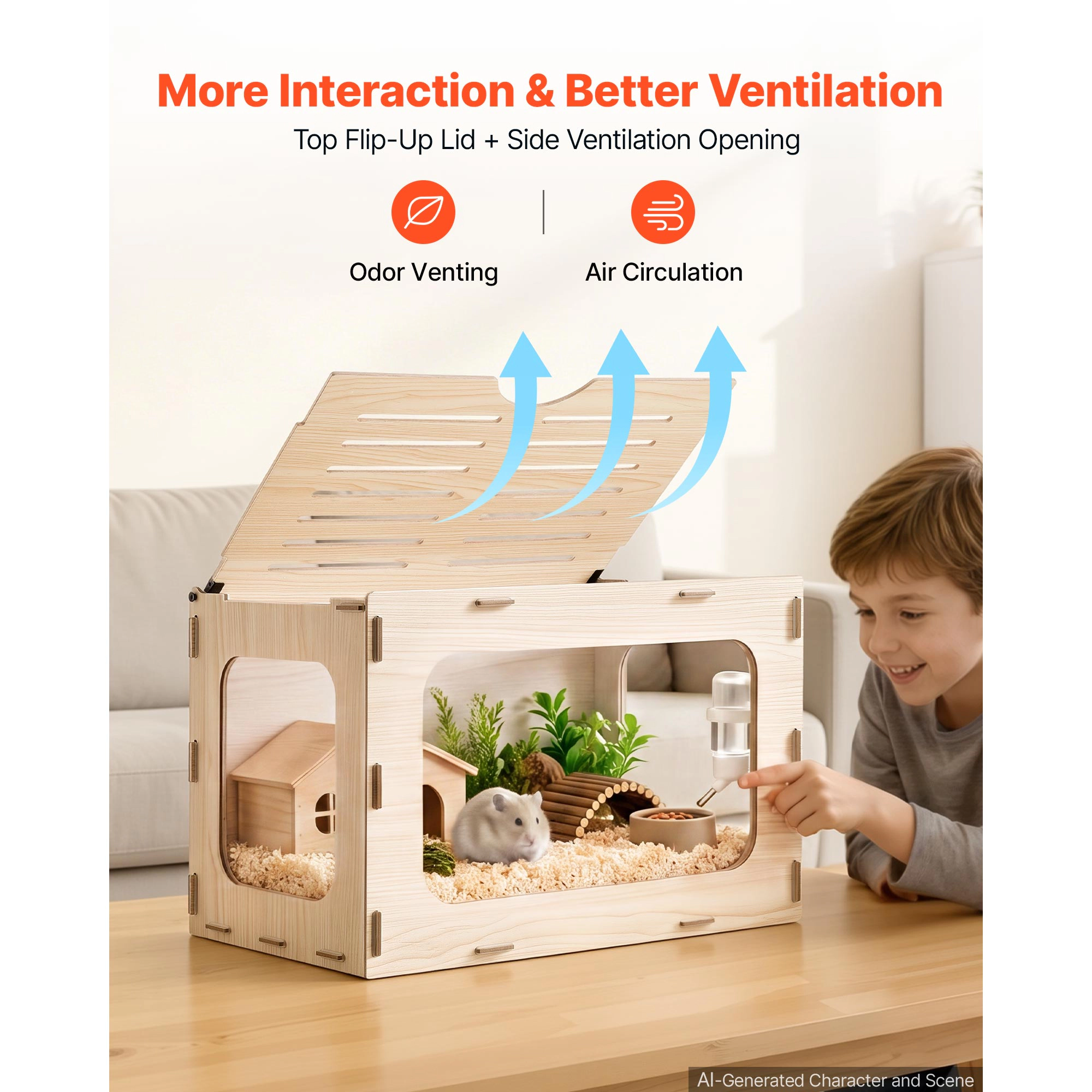 HONGGE Wooden Hamster Cage 270° Viewing Hamster Habitat Chewproof Acrylic Small Animal Cage with Openable Top Large Pet