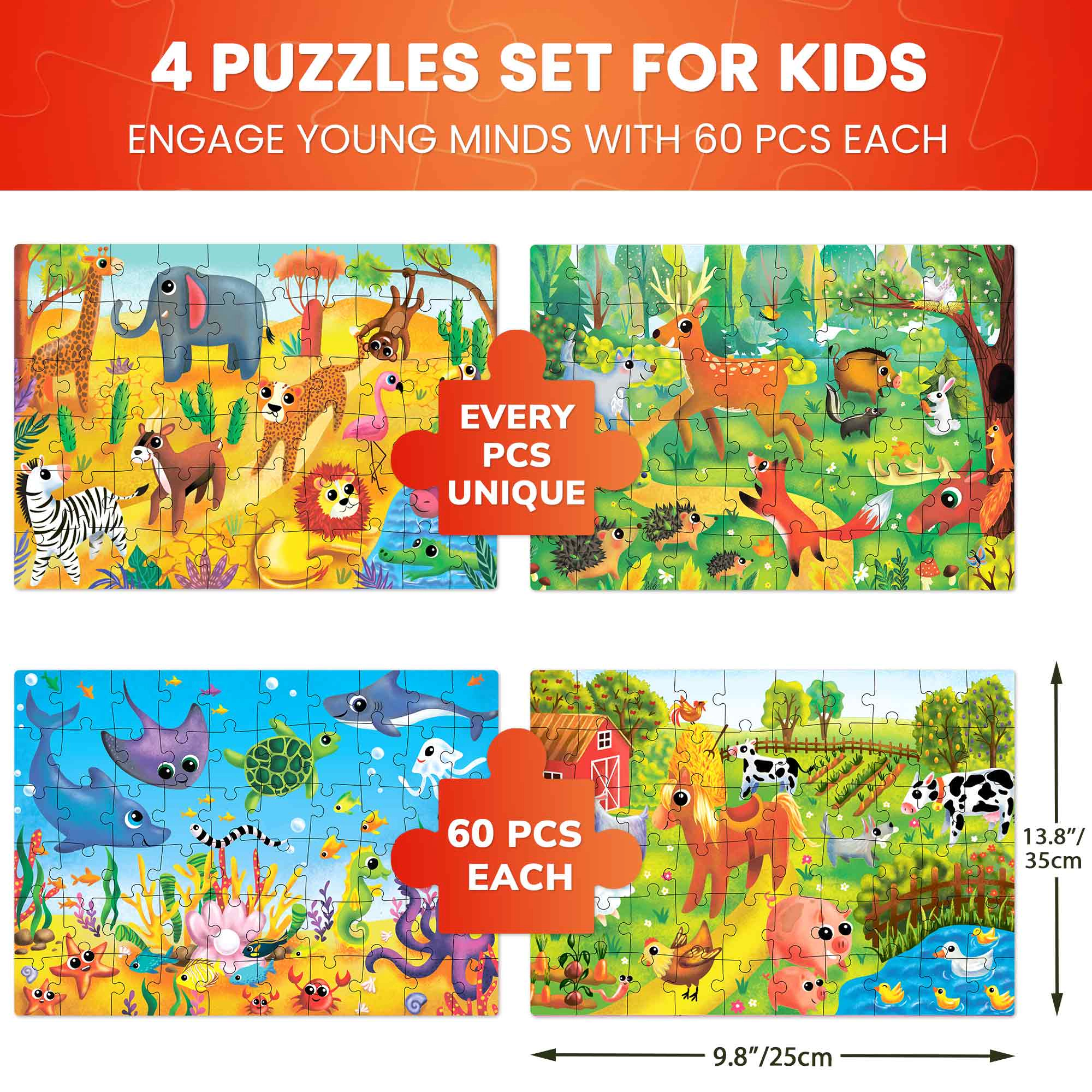 QUOKKA Kids 60-Piece Search & Find Puzzle Set, Jigsaw Puzzles for Kids, Animals, Fairy Tale, Space, Ages 4+