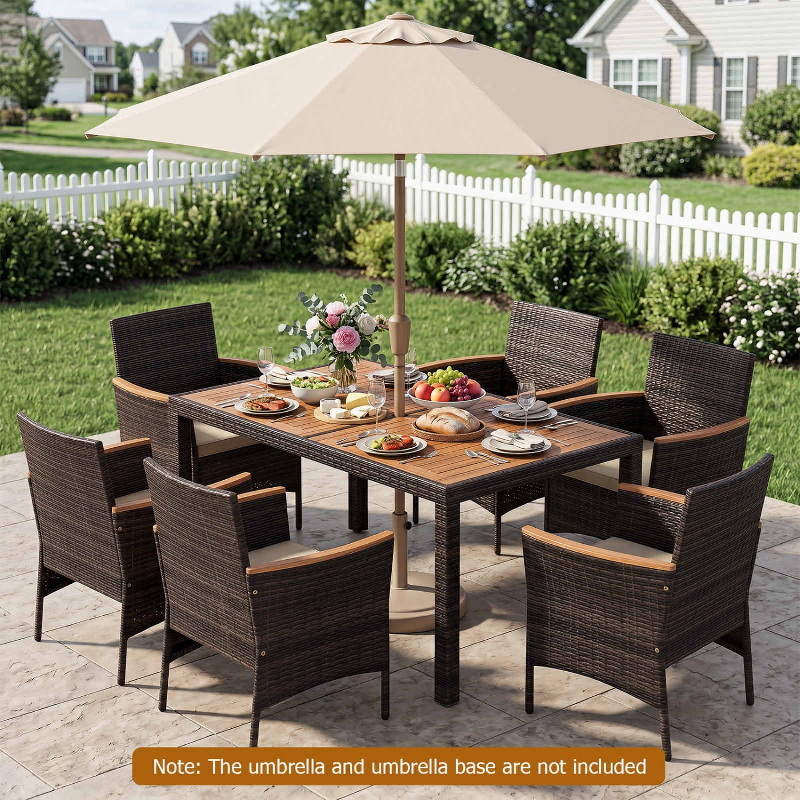 SUGIFT Brown 56 Inch Acacia Wood Tabletop and 6 Padded Chairs 7-Piece Patio Dining Set