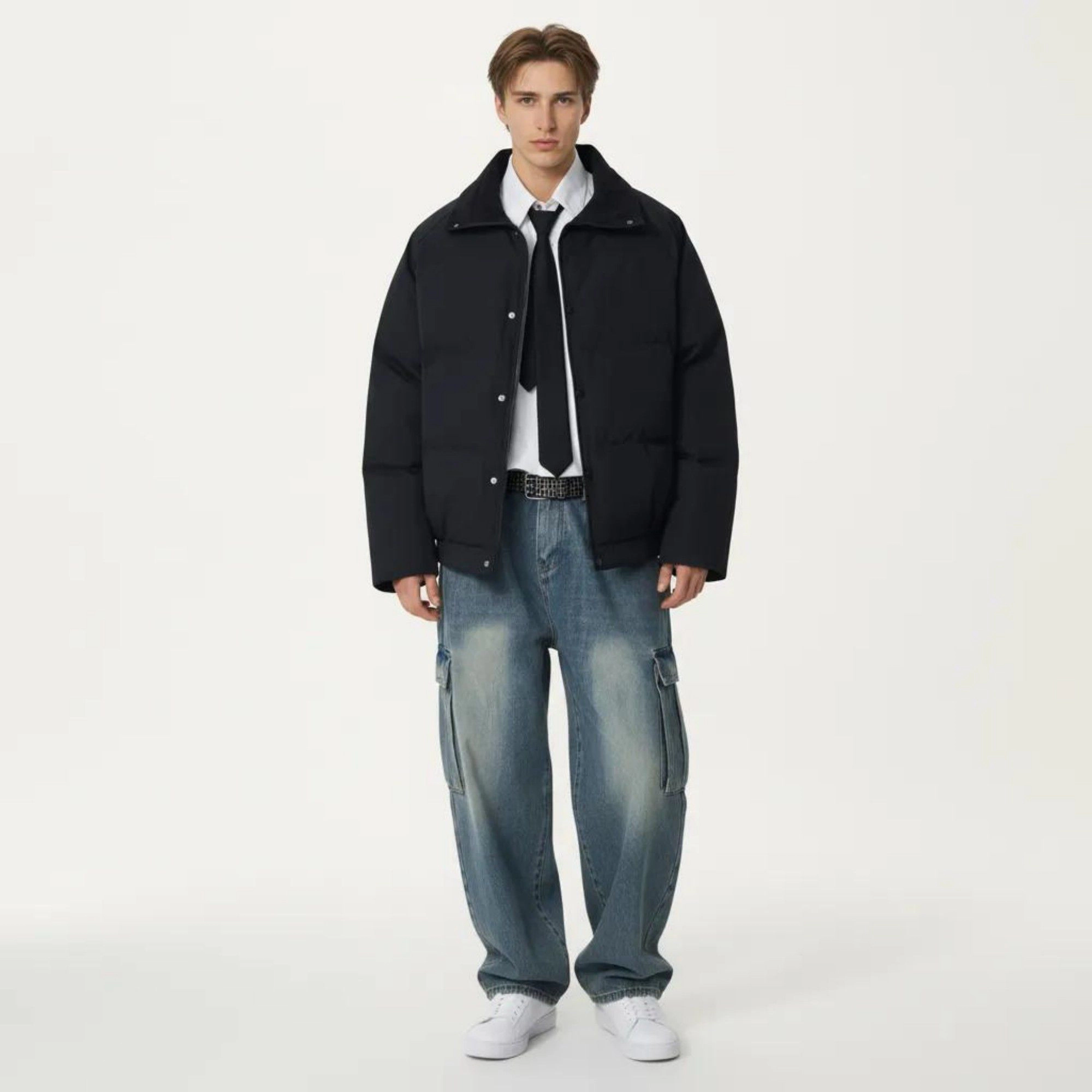 Anna-Kaci Men's Quilted Puffer Jacket with Stand Collar Snap Front and Ribbed Hem
