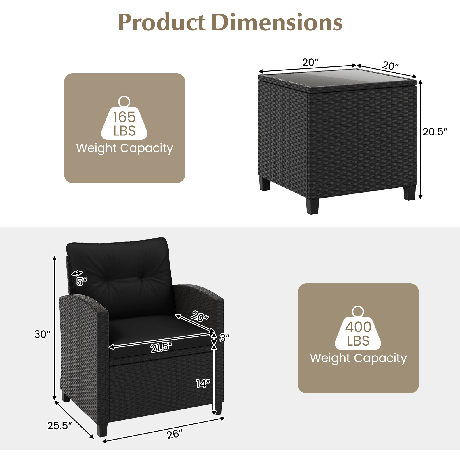 SUGIFT 3-Piece Black PE Rattan Patio Conversation Set with Cushions and Tempered Glass Table