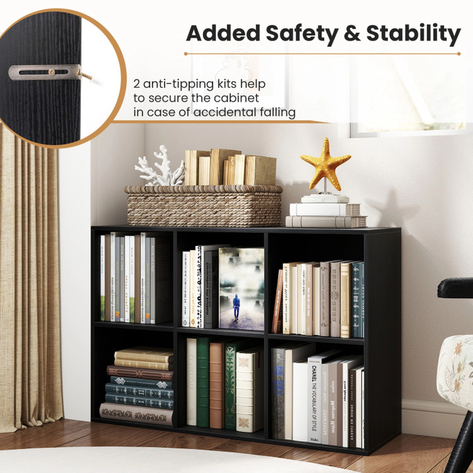 SUGIFT 6-Cube Black 36-in Cube Storage Organizer Bookshelf for Vertical or Horizontal Use with 132-lb Top