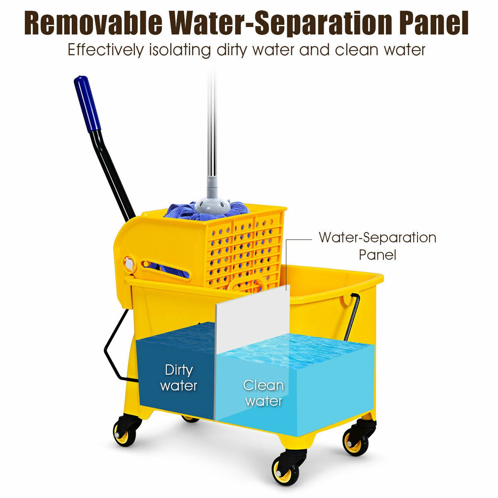 SUGIFT 21-qt Yellow PP Mop Bucket with Press Wringer Water Separation Panel and TPR Swivel Wheels