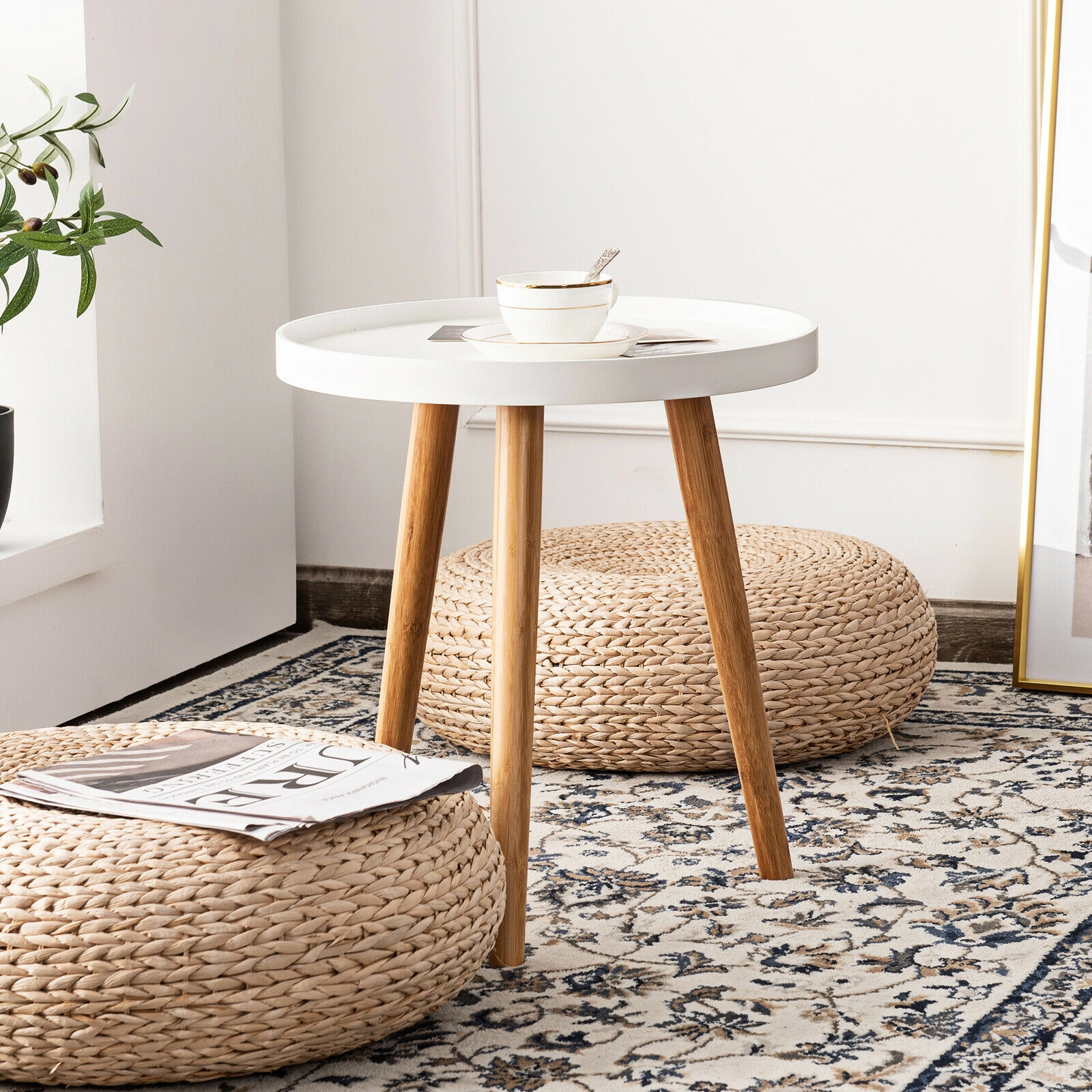 Glintex Round Tray-Top Side Table with Lipped Edge and Bamboo Legs, White