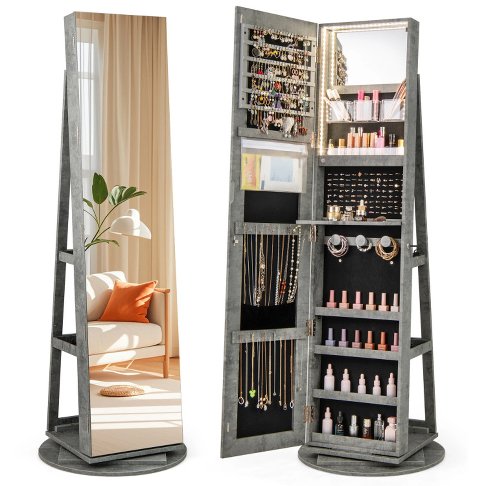 SUGIFT 360° Rotating Mirrored Jewelry Cabinet Armoire with 3-Color LED Light Lockable 63.5-in Tall 21.5-in Wide Green