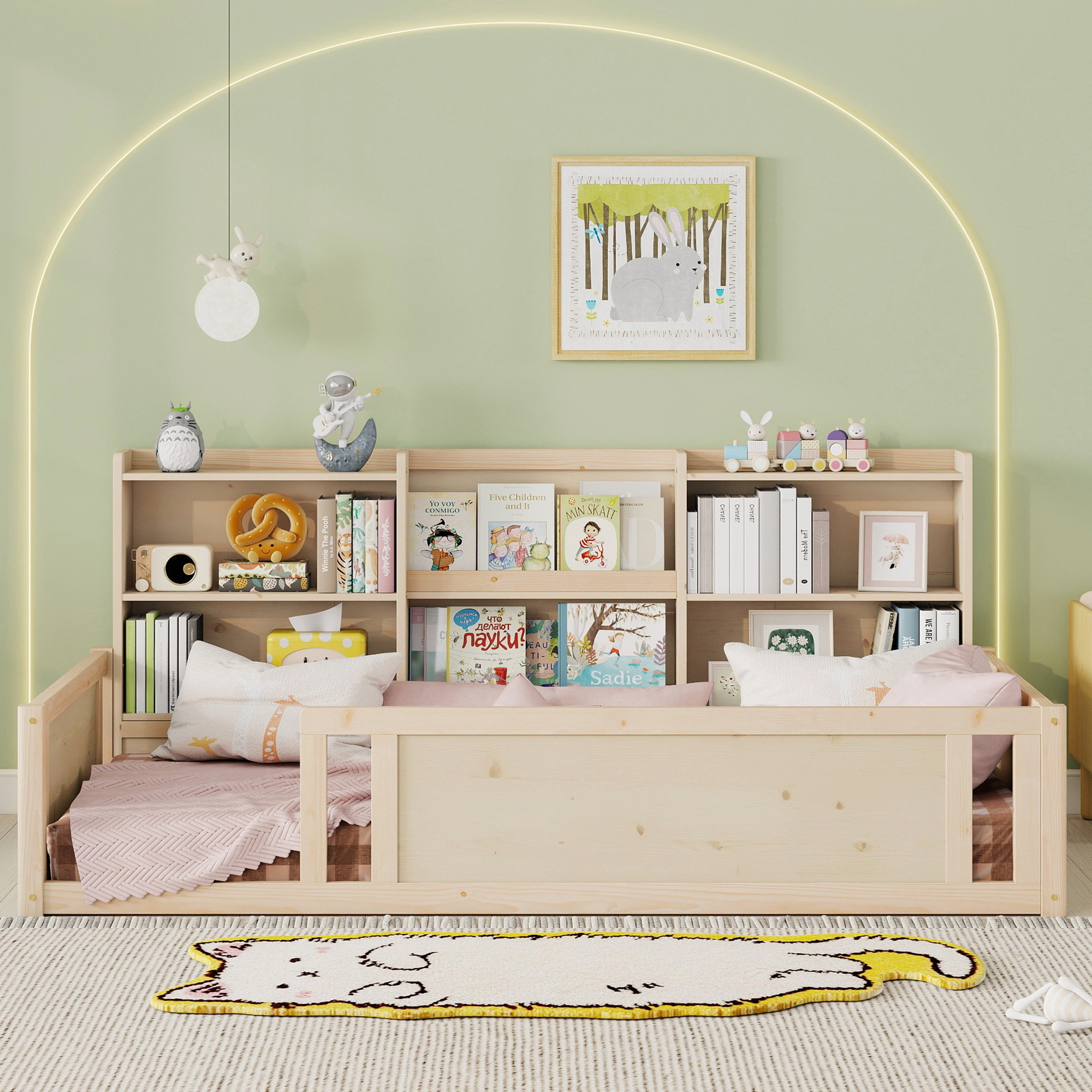 Flynama Twin Wooden Floor Bed, Guardrail Fence & Side Storage Shelves, Natural