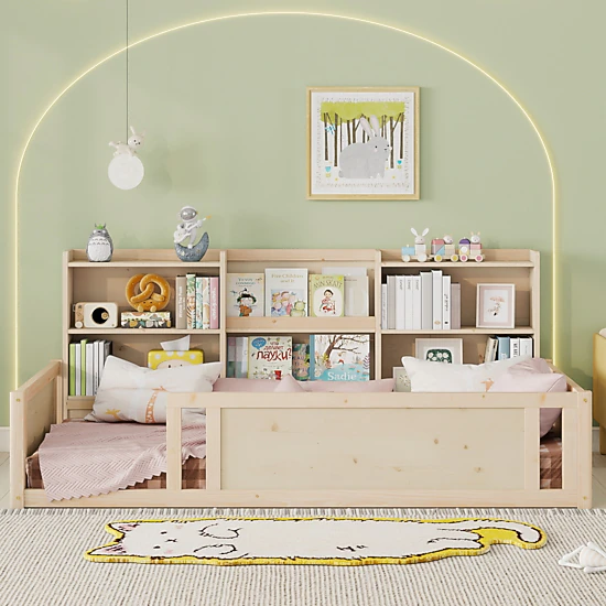 Flynama Twin Wooden Floor Bed, Guardrail Fence & Side Storage Shelves, Natural